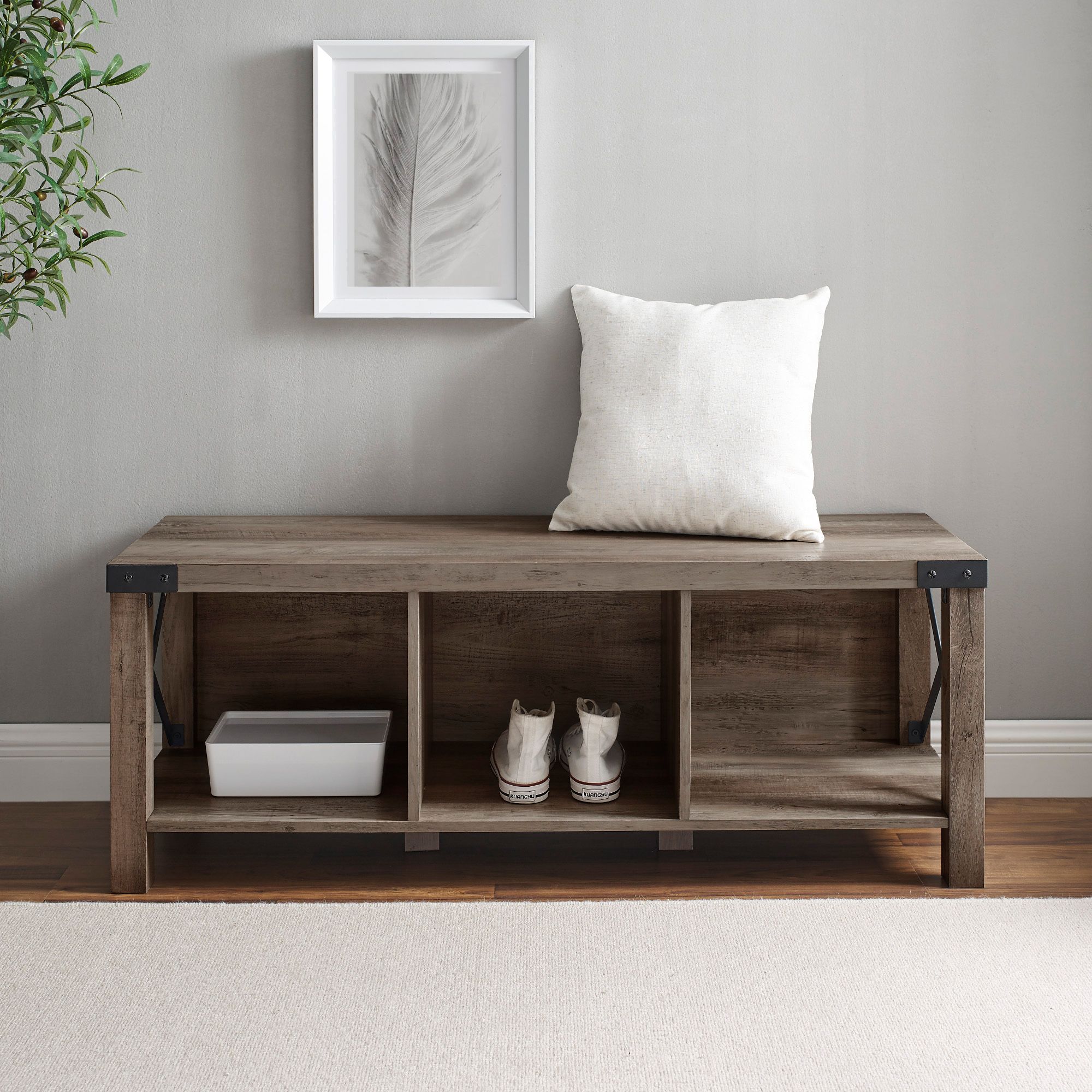 Gray entryway deals bench with storage