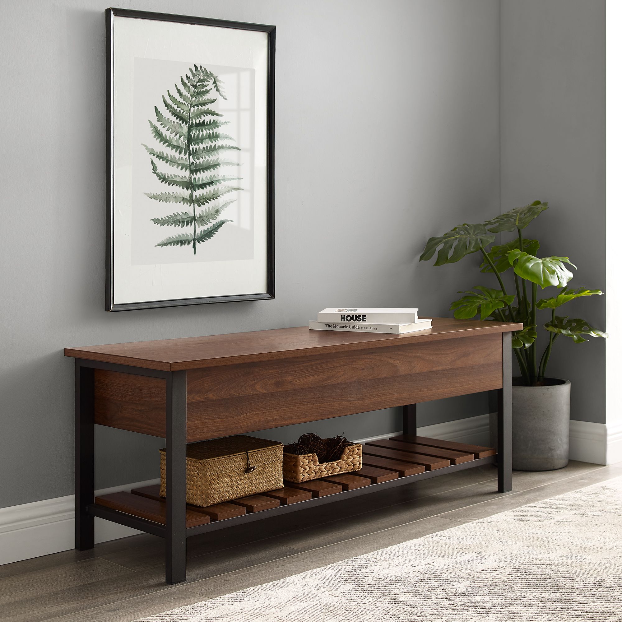 Walnut/Black Bench with Open-Top and Shoe Storage