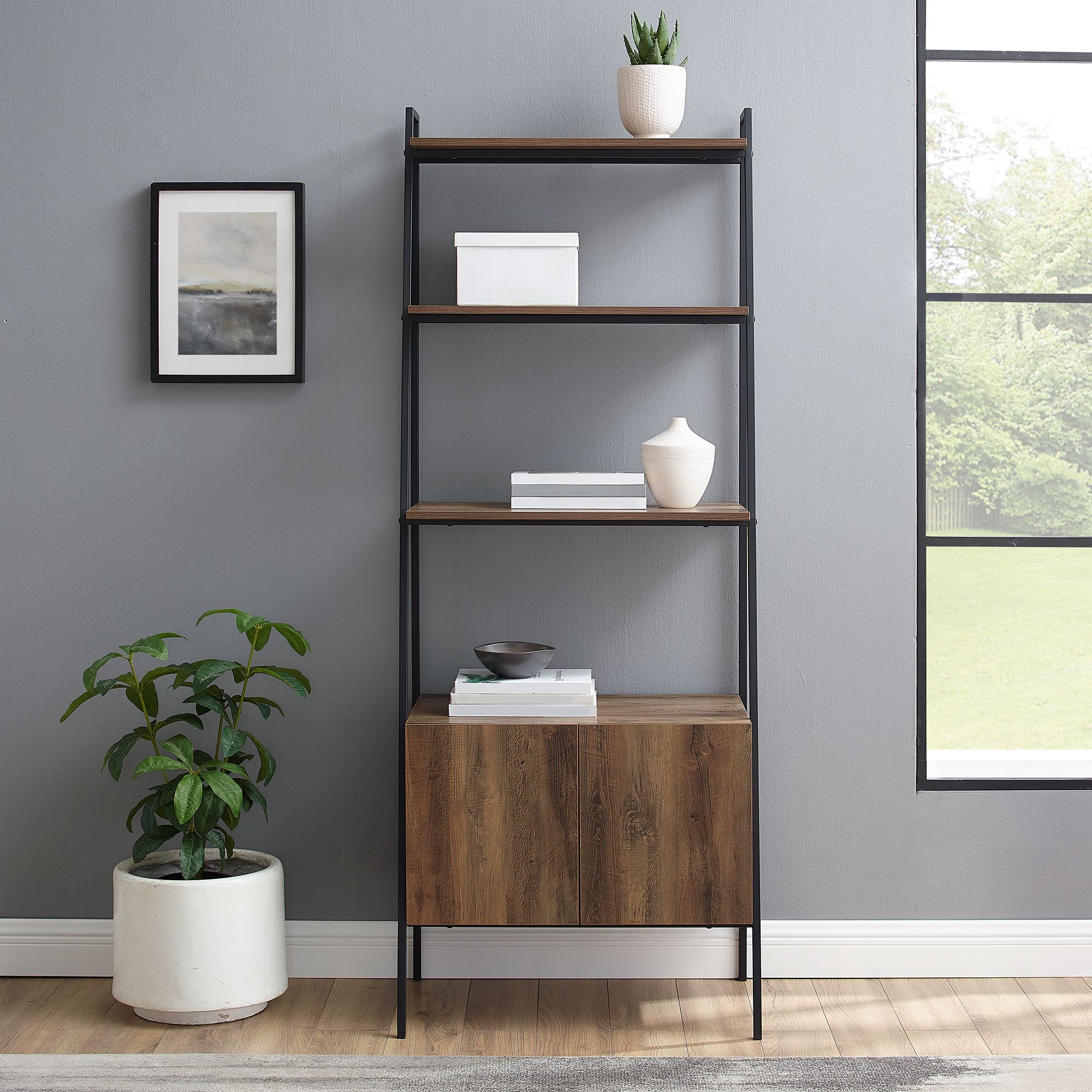 W. Trends 72&quot; Industrial Ladder Storage Bookcase with Cabinet  - Brown