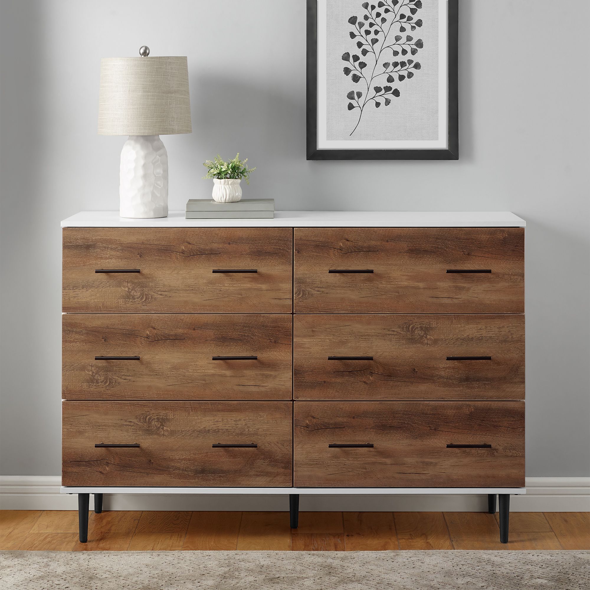 Rustic Modern Wood 6 Drawer Dresser Two Tone Brown