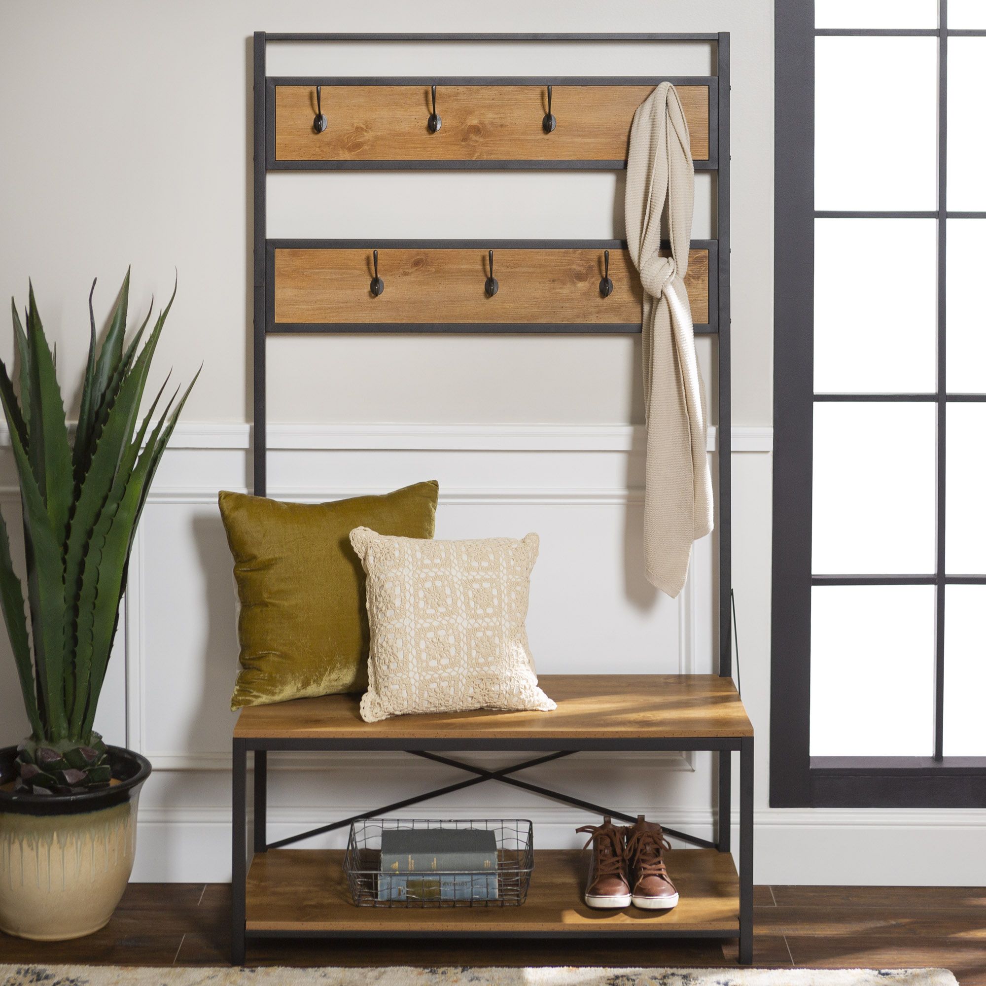 Entryway Rustic Wood Hall Tree With Storage Bench Barnwood