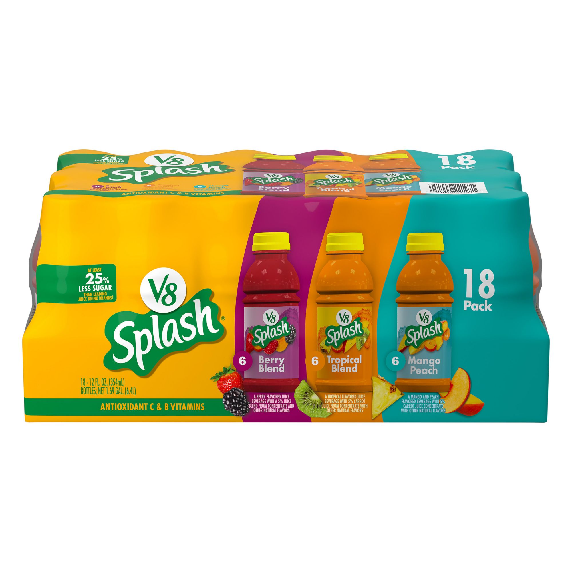 V8 Splash Berry Blend, Tropical Blend and Mango Peach Juice Variety Pack, 18 ct./12 oz.