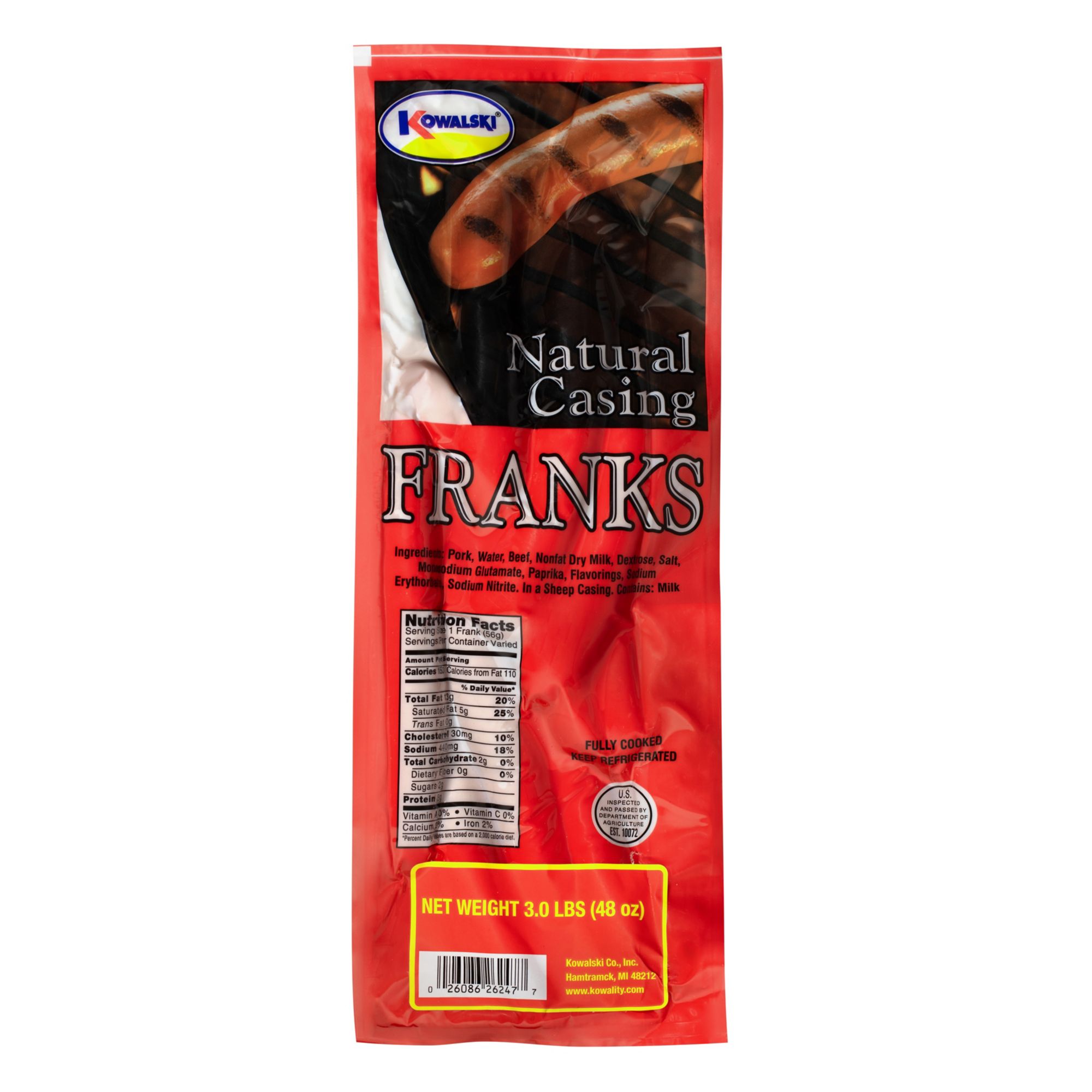 Kowalski Natural Casing Franks, 3 lbs.