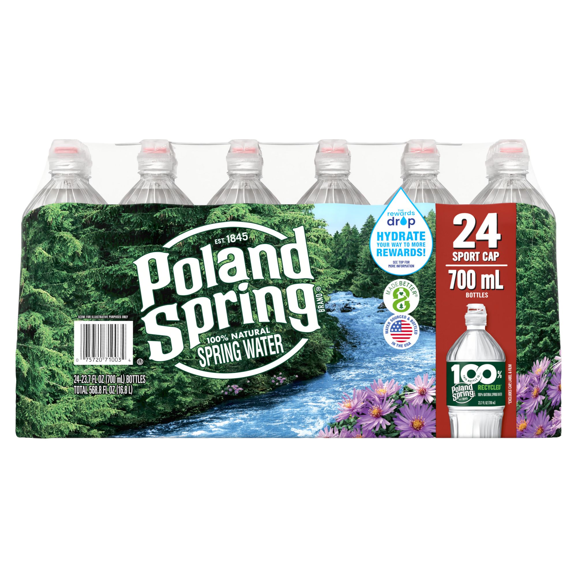 Poland Spring 100% Natural Spring Water with Sports Cap, Deposit, 24 pk./23.7 oz.