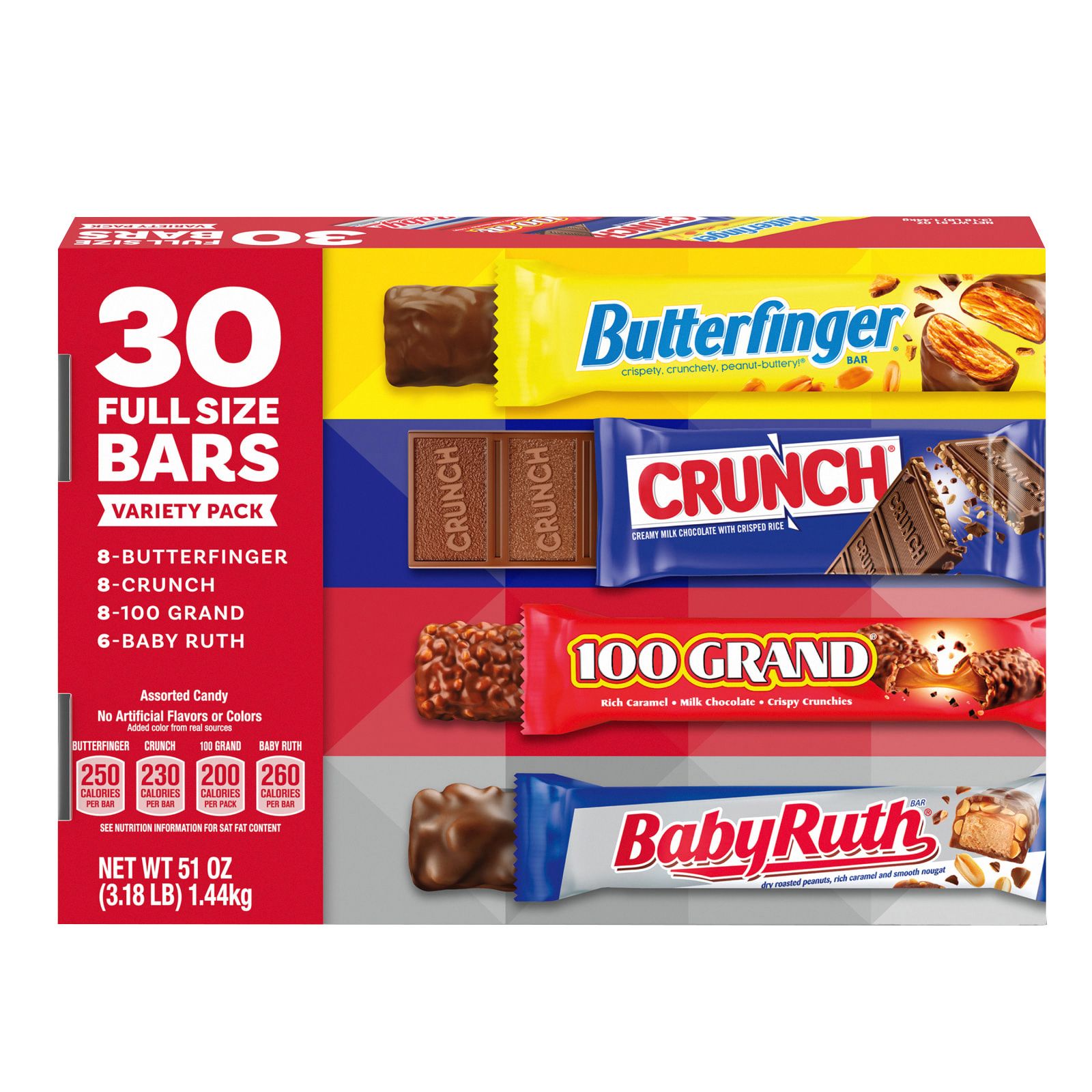 Butterfinger, Crunch, 100 Grand & Baby Ruth Assorted Chocolate Bar Variety  Pack, 30CT