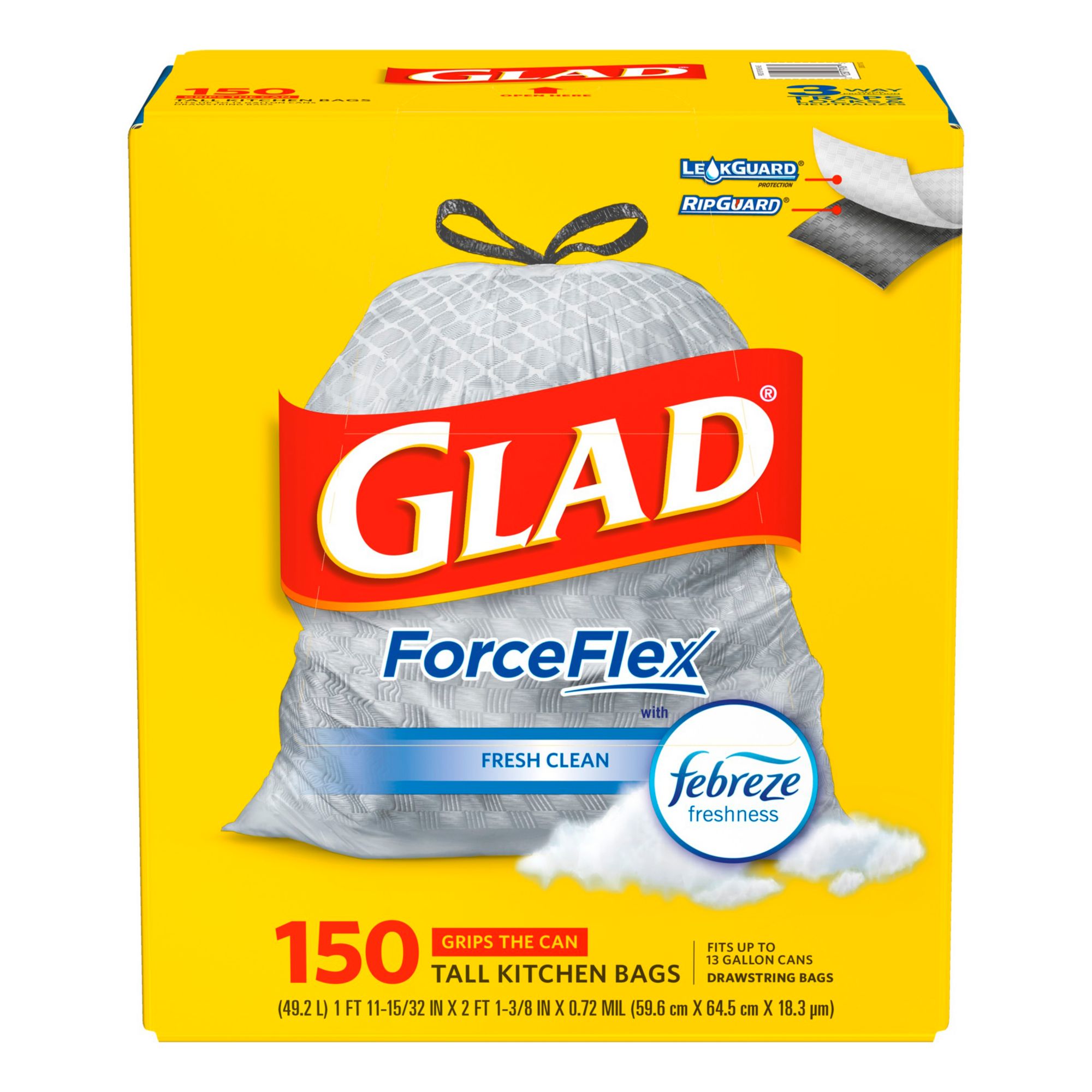  Glad ForceFlexPlus Tall Kitchen Drawstring Trash Bags - 13  Gallon Grey Trash Bag, Fresh Clean with Febreze Freshness 68 Count : Health  & Household