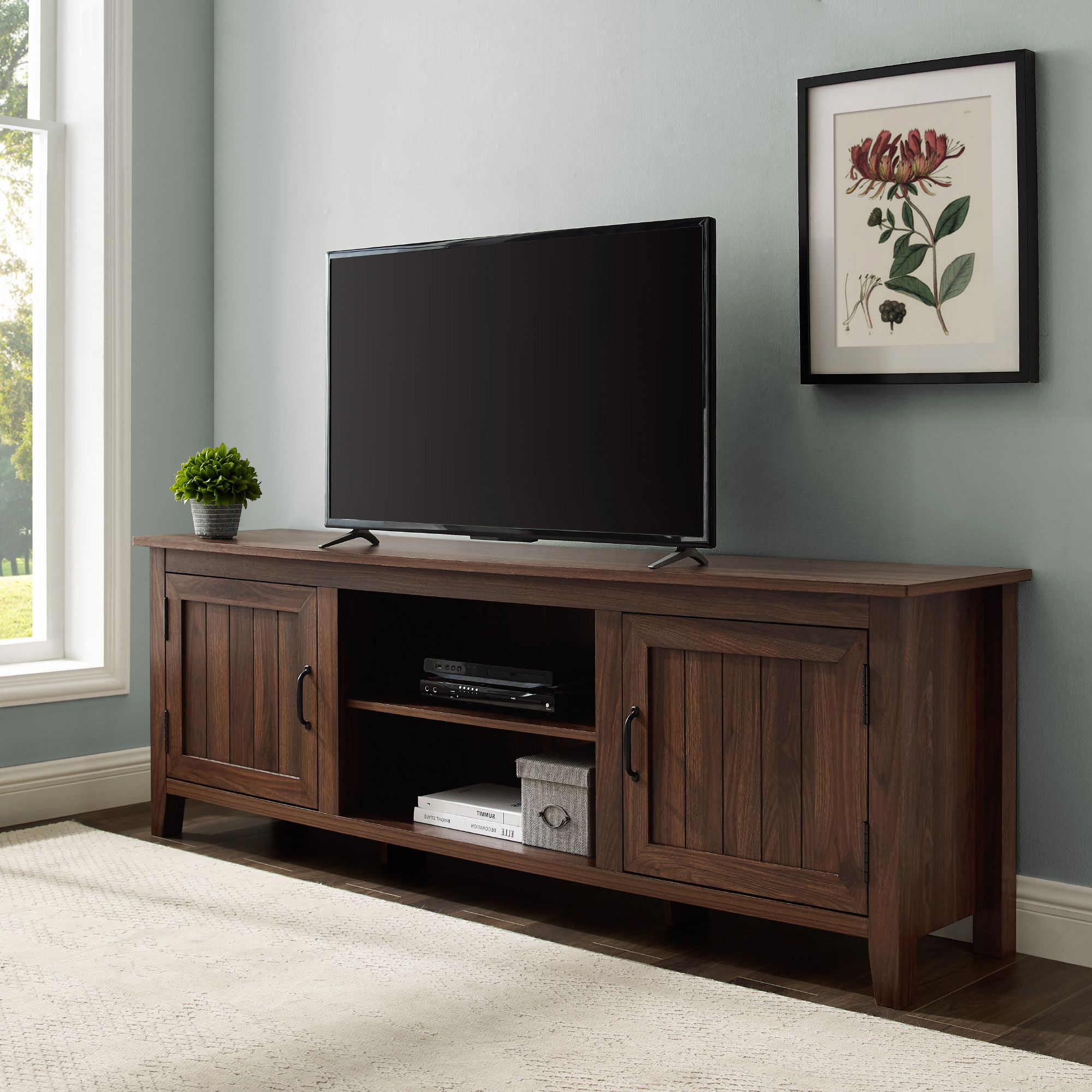 W. Trends 70&quot; Modern Farmhouse 2 Door TV Stand for Most TV's up to 80&quot; - Dark Walnut