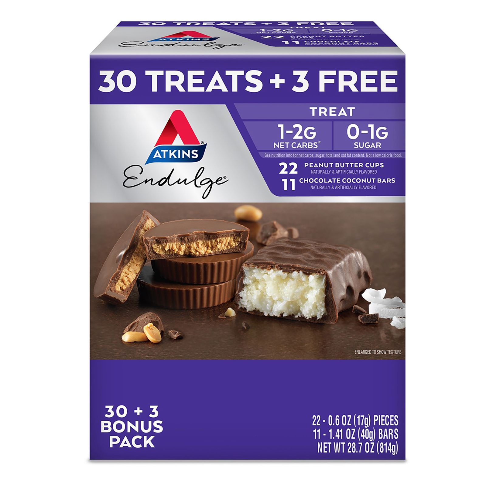 Atkins Endulge Chocolate Peanut Butter Cup and Chocolate Coconut Bar Variety Pack, 33 ct.