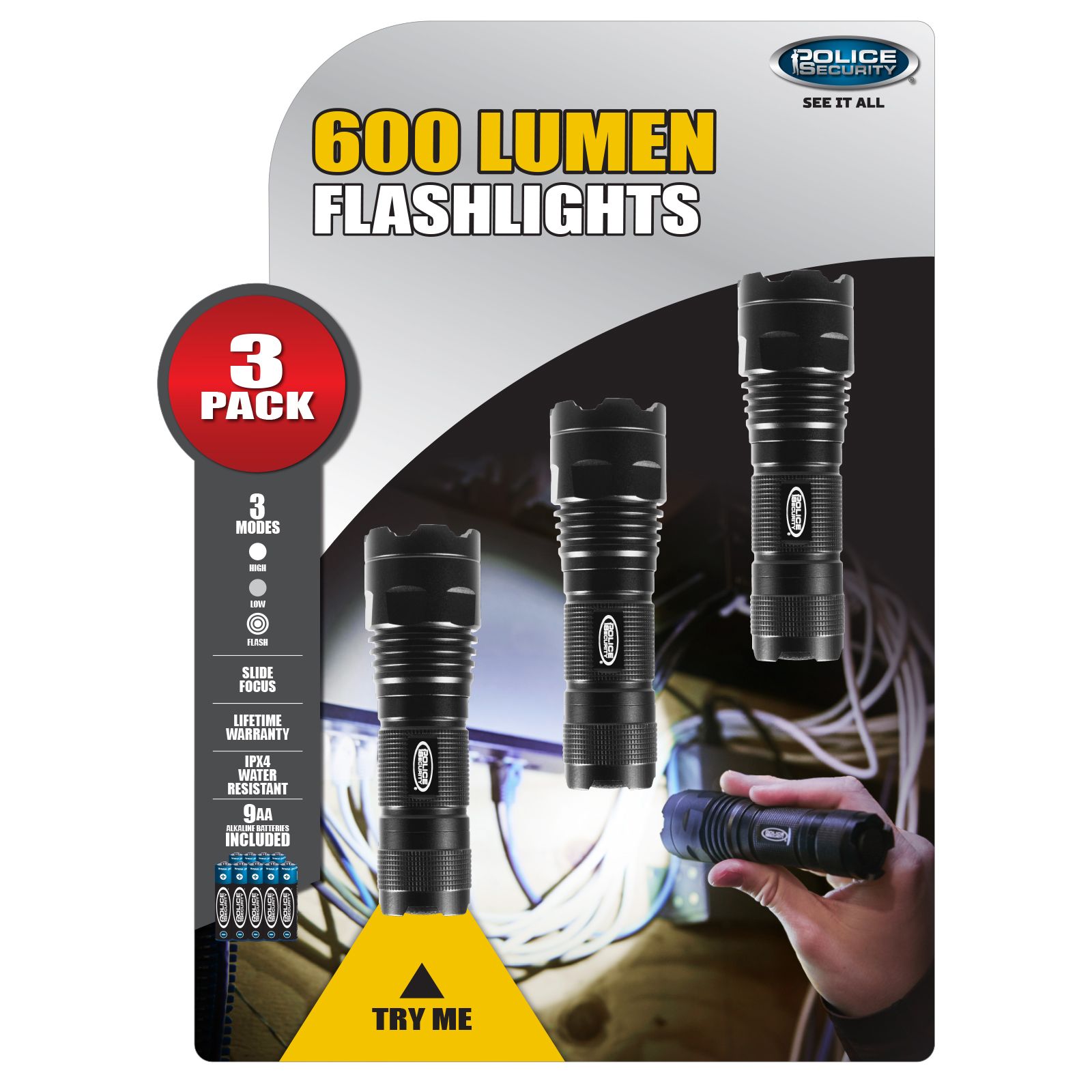 Police Security 600-Lumen Flashlights, 3 pk.