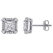 2 ct. t.g.w. Moissanite and 1/8 CT TW Diamond Princess-Cut Halo Stud Earring in 10k White Gold