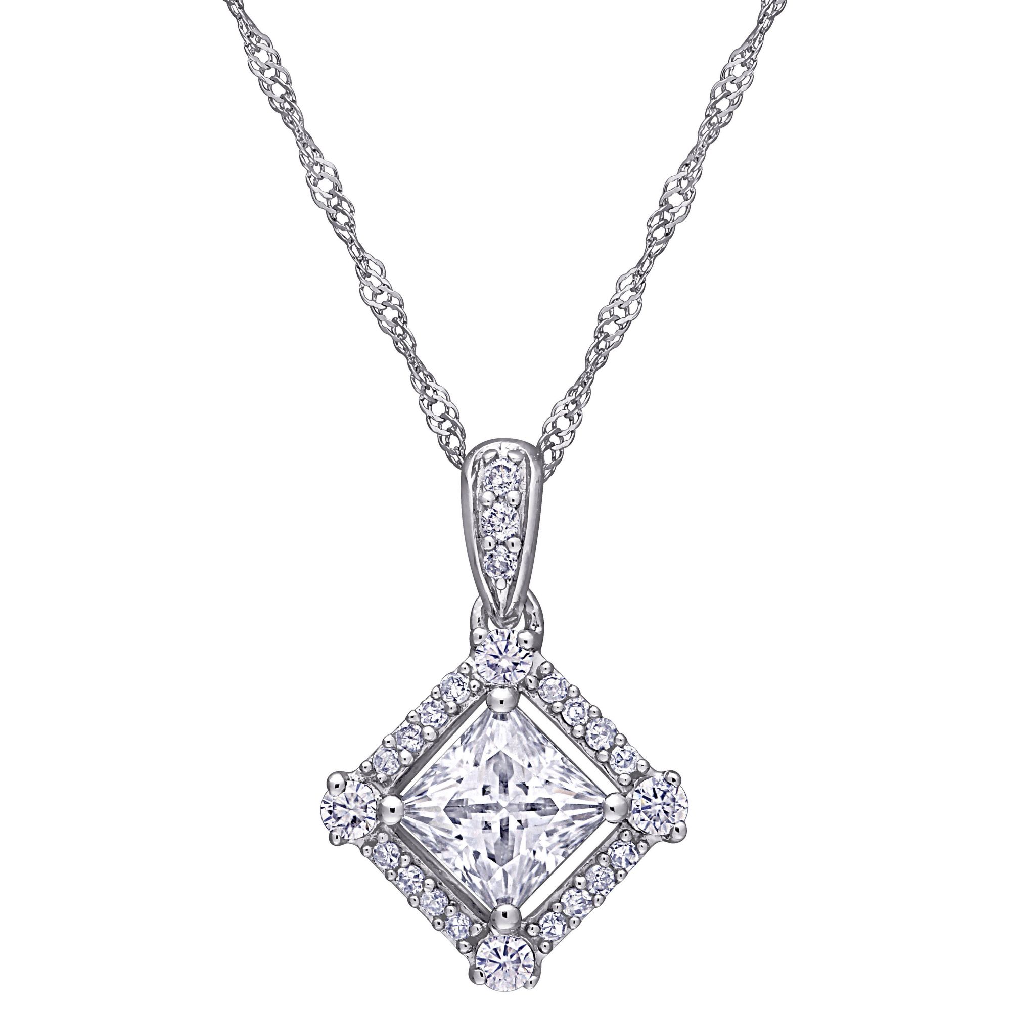 1 ct. t.g.w. Moissanite and 1/10 ct. TW Diamond Princess-Cut Halo Pendant with Chain in 10k White Gold