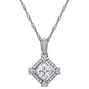 1 ct. t.g.w. Moissanite and 1/10 ct. TW Diamond Princess-Cut Halo Pendant with Chain in 10k White Gold