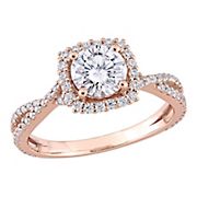 1 1/2 ct. t.g.w. Round-Cut Moissanite Square Halo Crossover Engagement Ring in 10k Rose Gold, size 8
