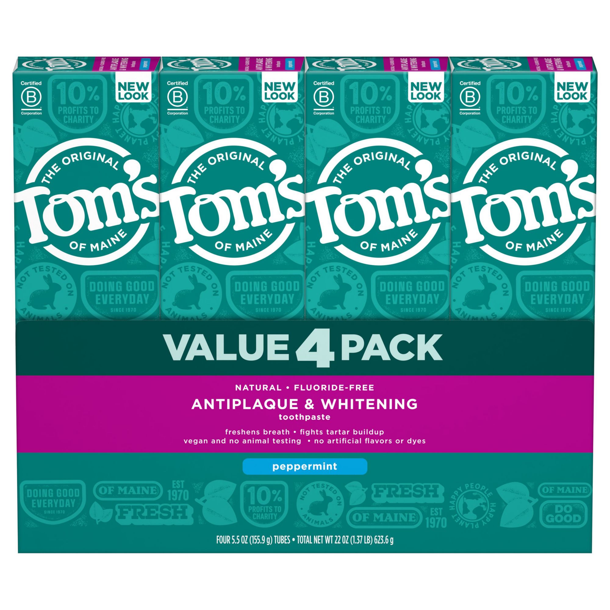 Tom's of Maine Antiplaque and Whitening Fluoride-Free Peppermint Toothpaste, 4 pk./5.5 oz.