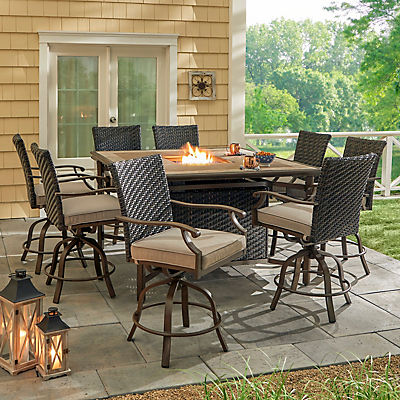 Berkley Jensen Portsmouth 9 Piece Aluminum High Dining Patio Set with Fire Pit & Swivel Chairs