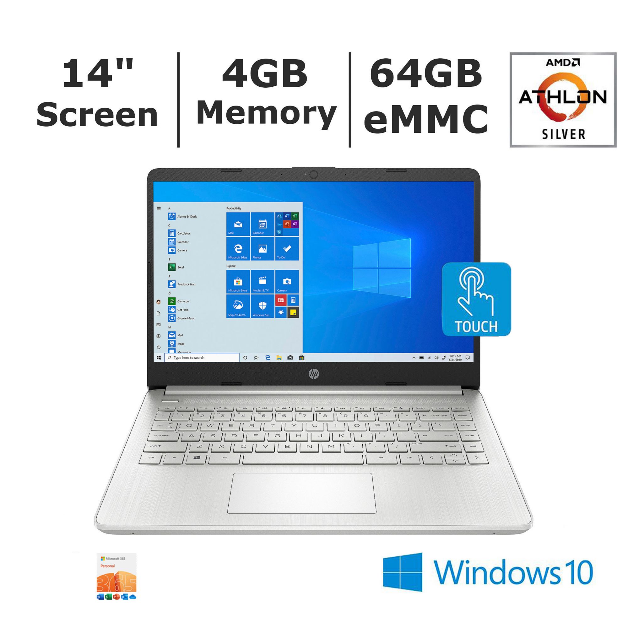 HP Inc. 14-fq0057nr Laptop, AMD Athlon Silver 3050U2a Processor, 4GB Memory, 64GB eMMC Storage - BONUS 1-Year of Office365 Pers