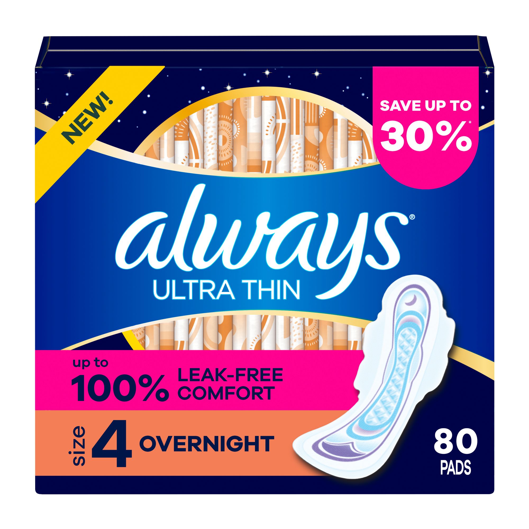 Always Ultra Thin Size 4 Overnight Pads, 80 ct.