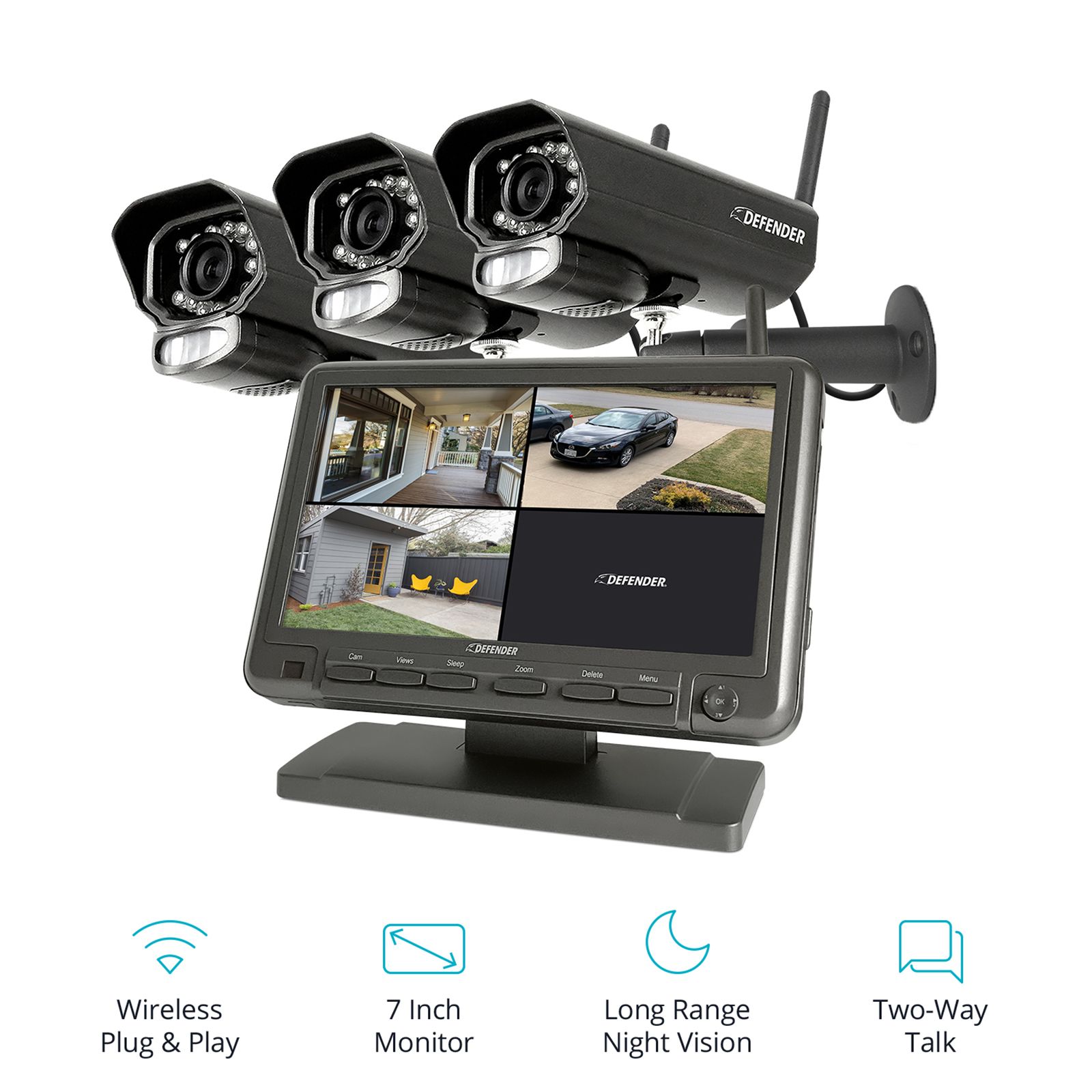 Defender Phoenixm2 4-Channel 3-Camera Non Wi-Fi Plug-In Power, Security Camera System with 32GB SD Card and 7&quot; Display Monitor