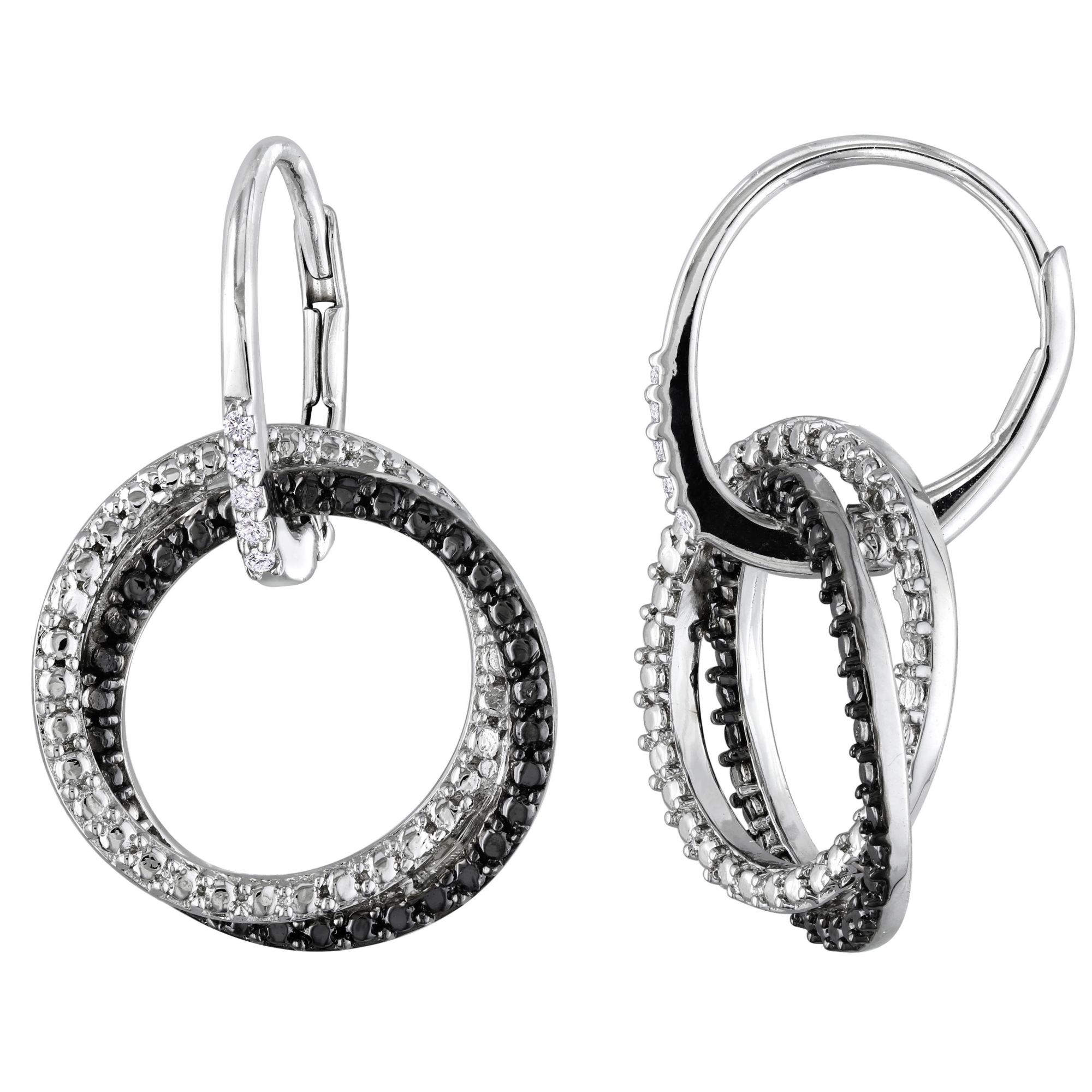 Diamond Double Interlocked Circle Leverback Earrings in Sterling Silver with Black Rhodium