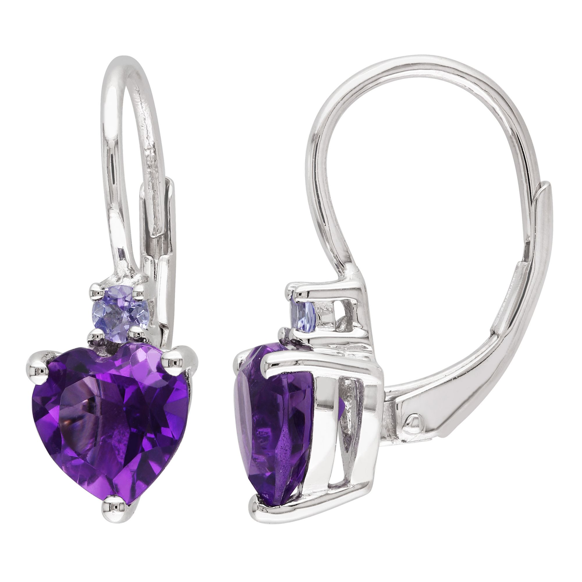 Amethyst and Tanzanite Heart Leverback Earrings in Sterling Silver