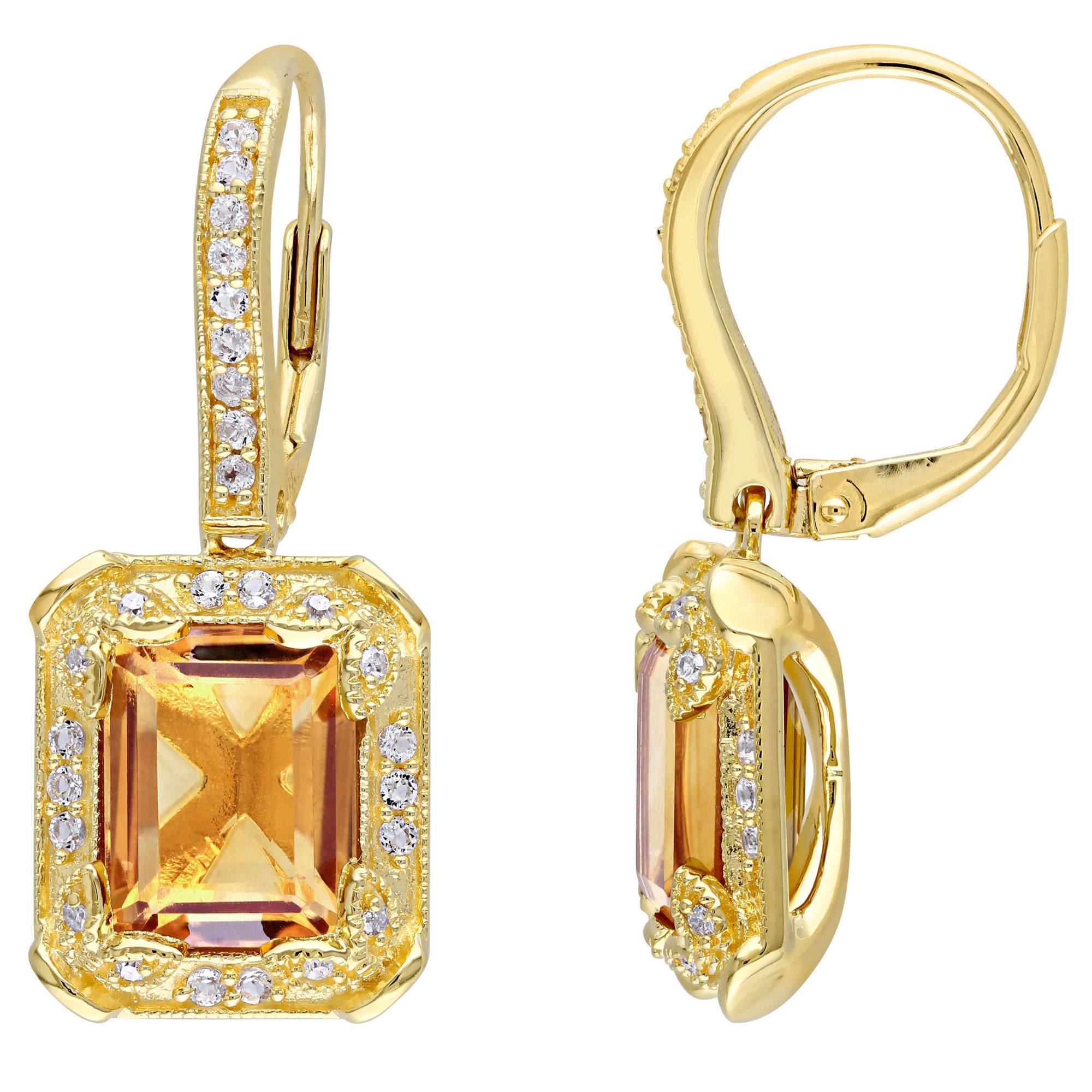 6.6 ct. t.g.w. Citrine, White Topaz and .1 ct. t.w. Diamond Leverback Earrings in Yellow Plated Sterling Silver