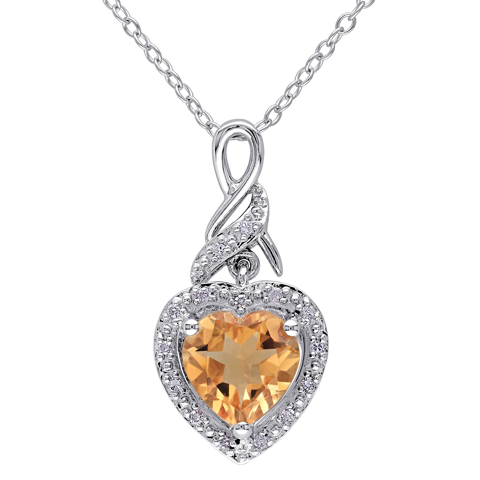 Diamond and Citrine Heart Twist Pendant With Chain in Sterling Silver