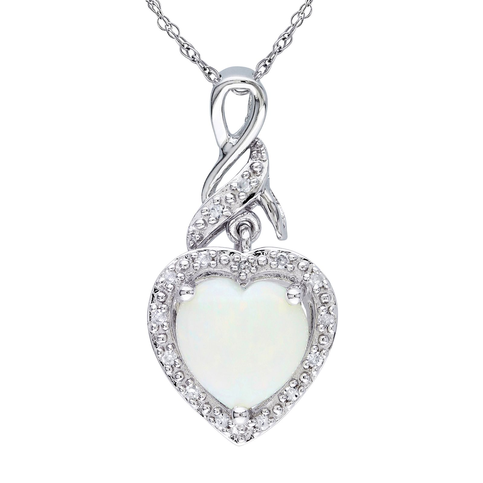 Opal and Diamond Heart Twist Pendant with Chain in Sterling Silver