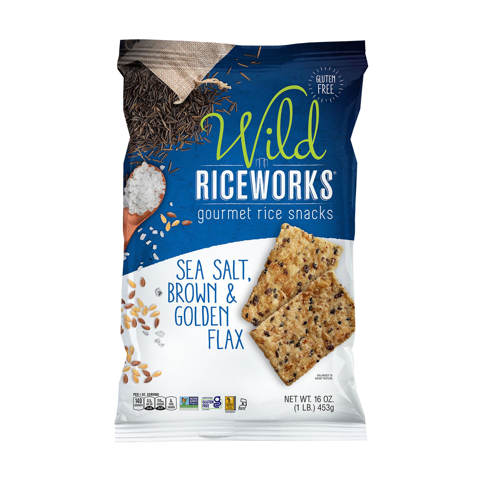 Wild Riceworks Sea Salt, Brown & Golden Flax Gourmet Rice Snacks, 16 oz.