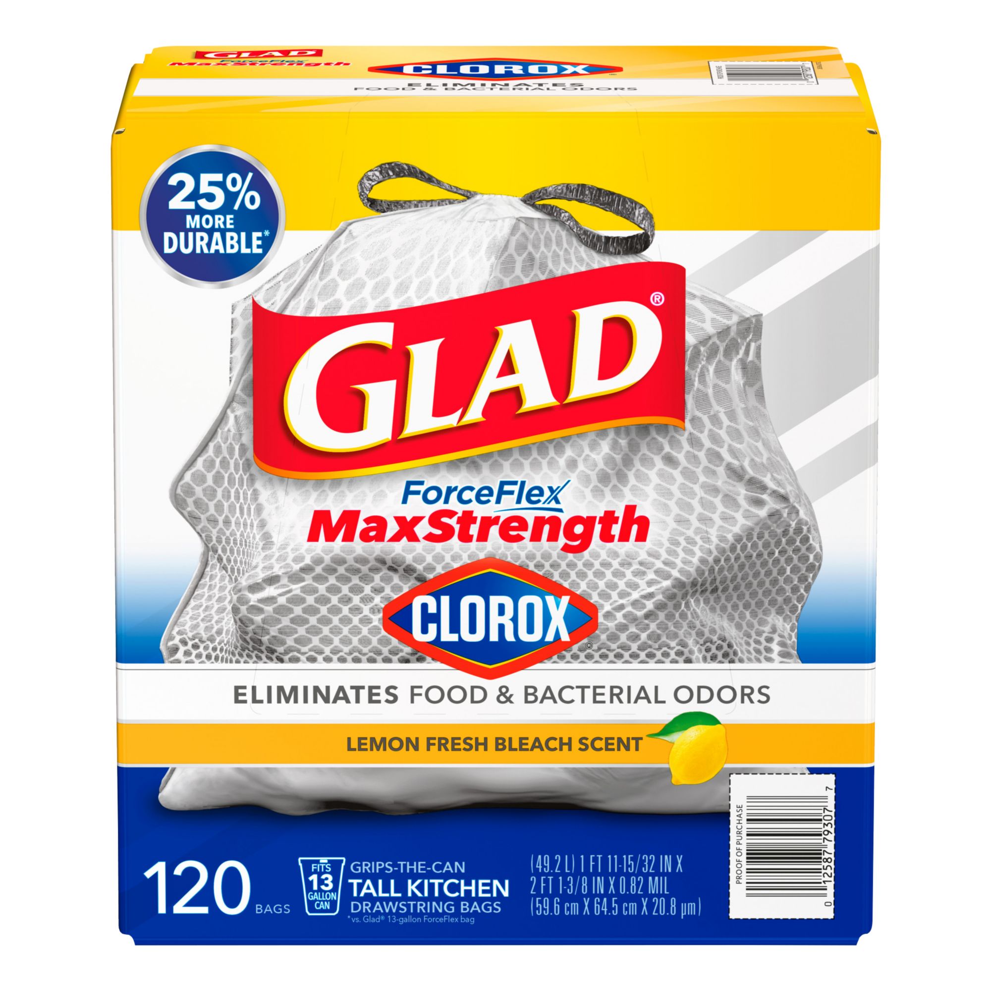 Glad ForceFlex MaxStrength with Clorox 13 Gal. Kitchen Trash Bags, 120 ct. - Lemon Fresh Bleach Scent