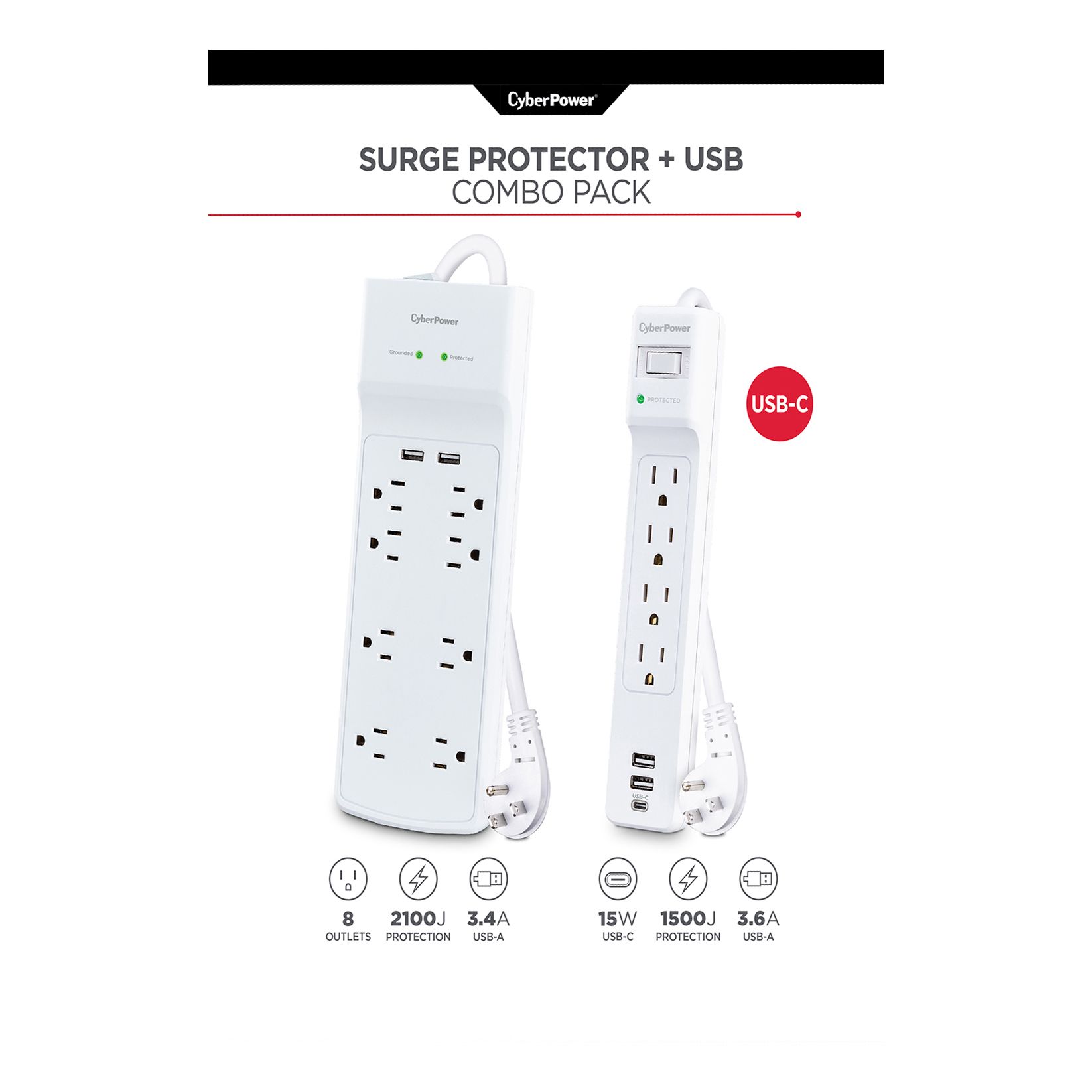 Cyber Power MP1081SS Surge Protector and USB Charger, 2 pk.