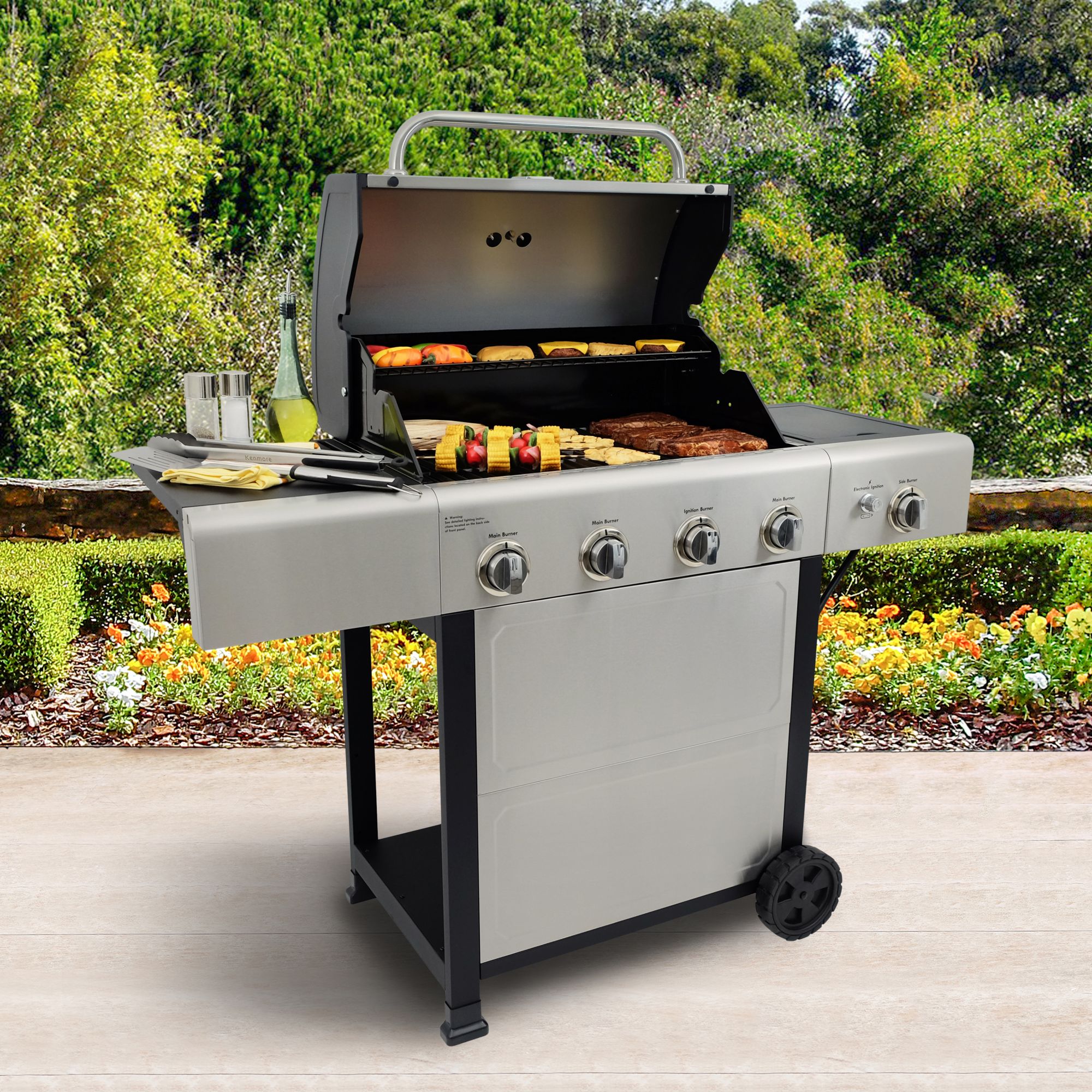 Kenmore 4-Burner Gas Grill with Side Burner Grill and Stainless Steel Lid