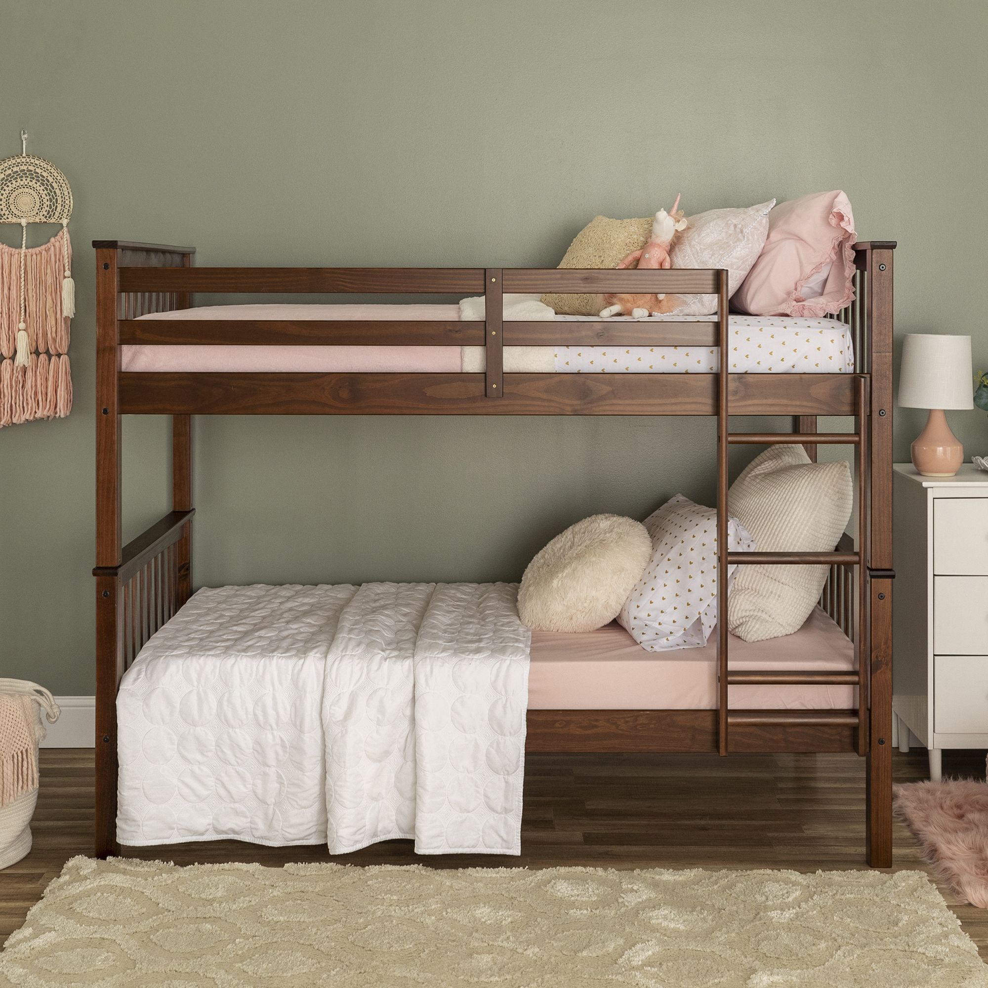 W. Trends Twin Over Twin Mission Style Solid Wood Bunk Bed Frame - Walnut