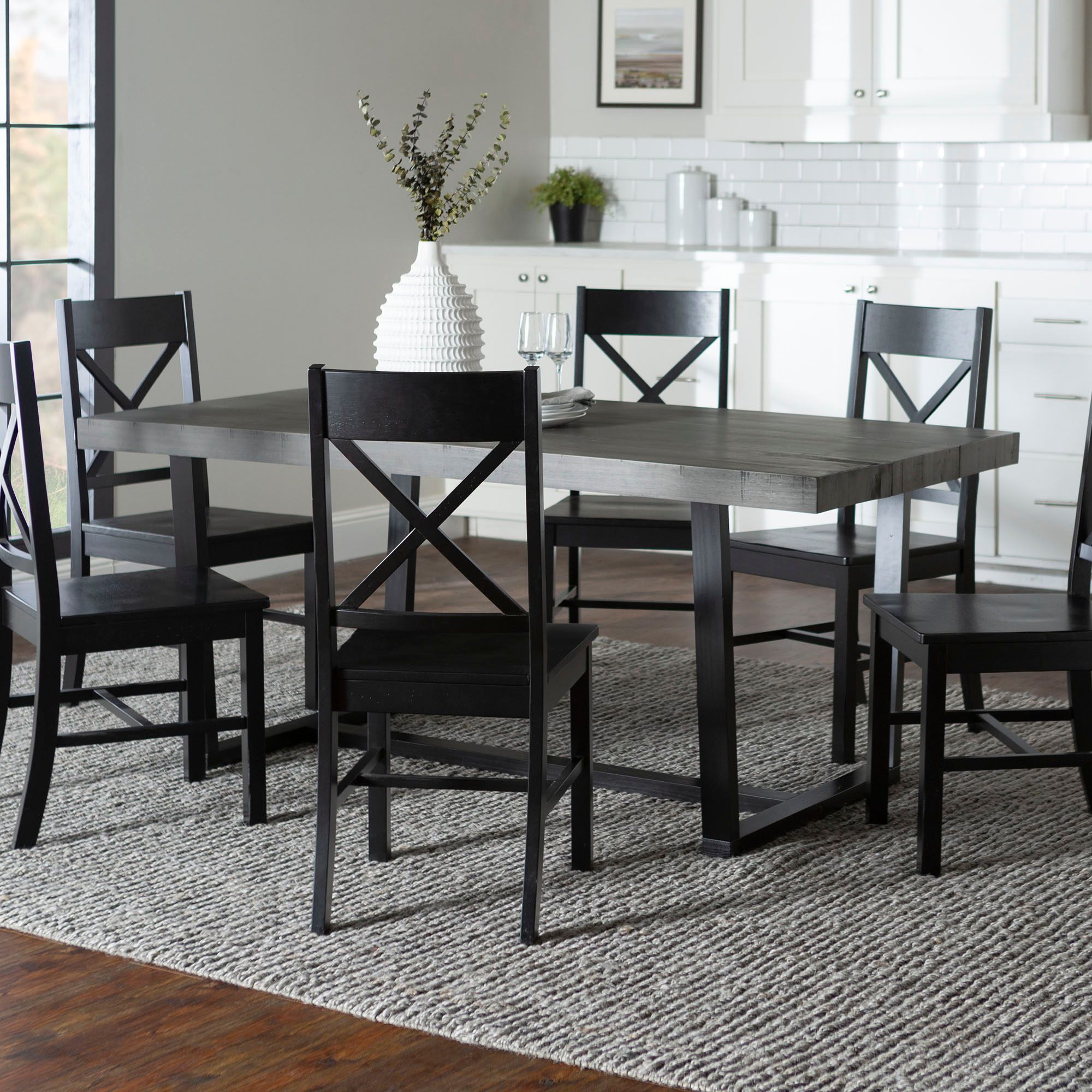 W. Trends 7 Piece Modern Farmhouse Solid Wood Dining Set - Black/Grey