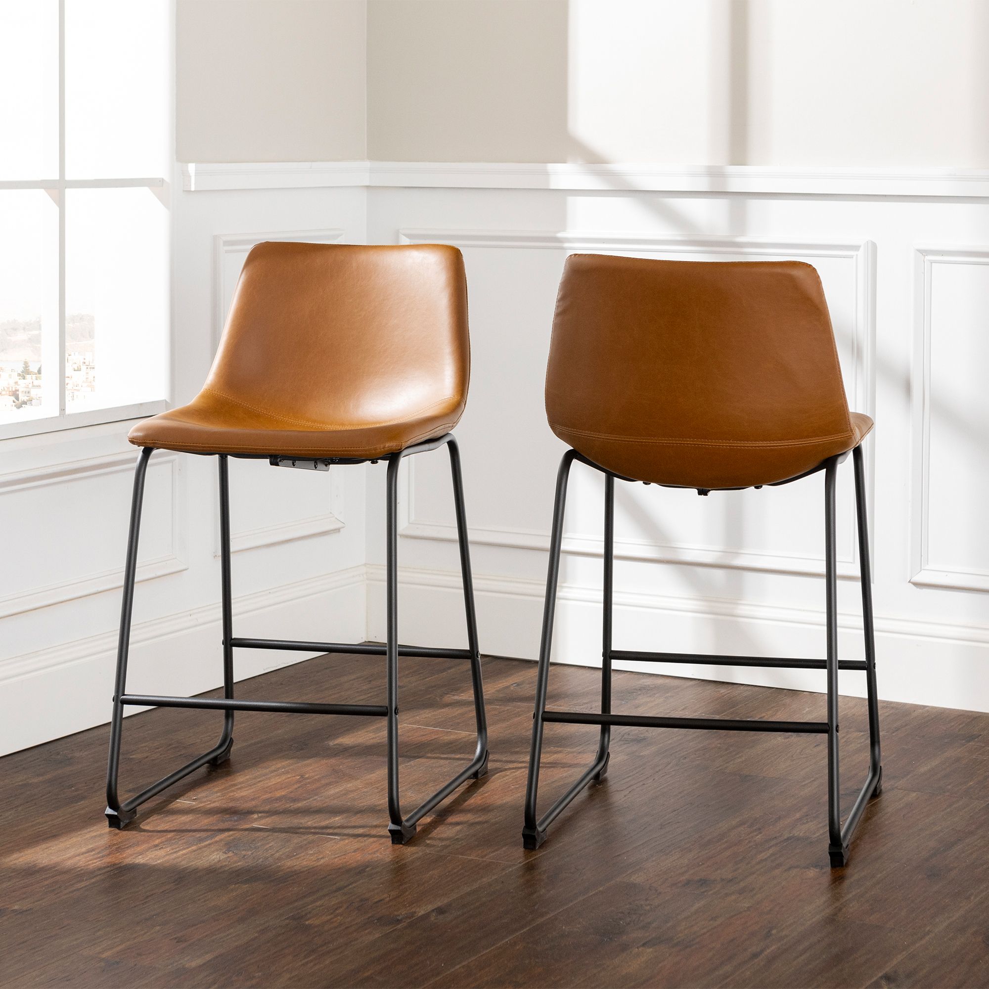 W. Trends 26&quot; Modern Industrial Faux Leather Counter Chair, Set of 2 - Whiskey Brown