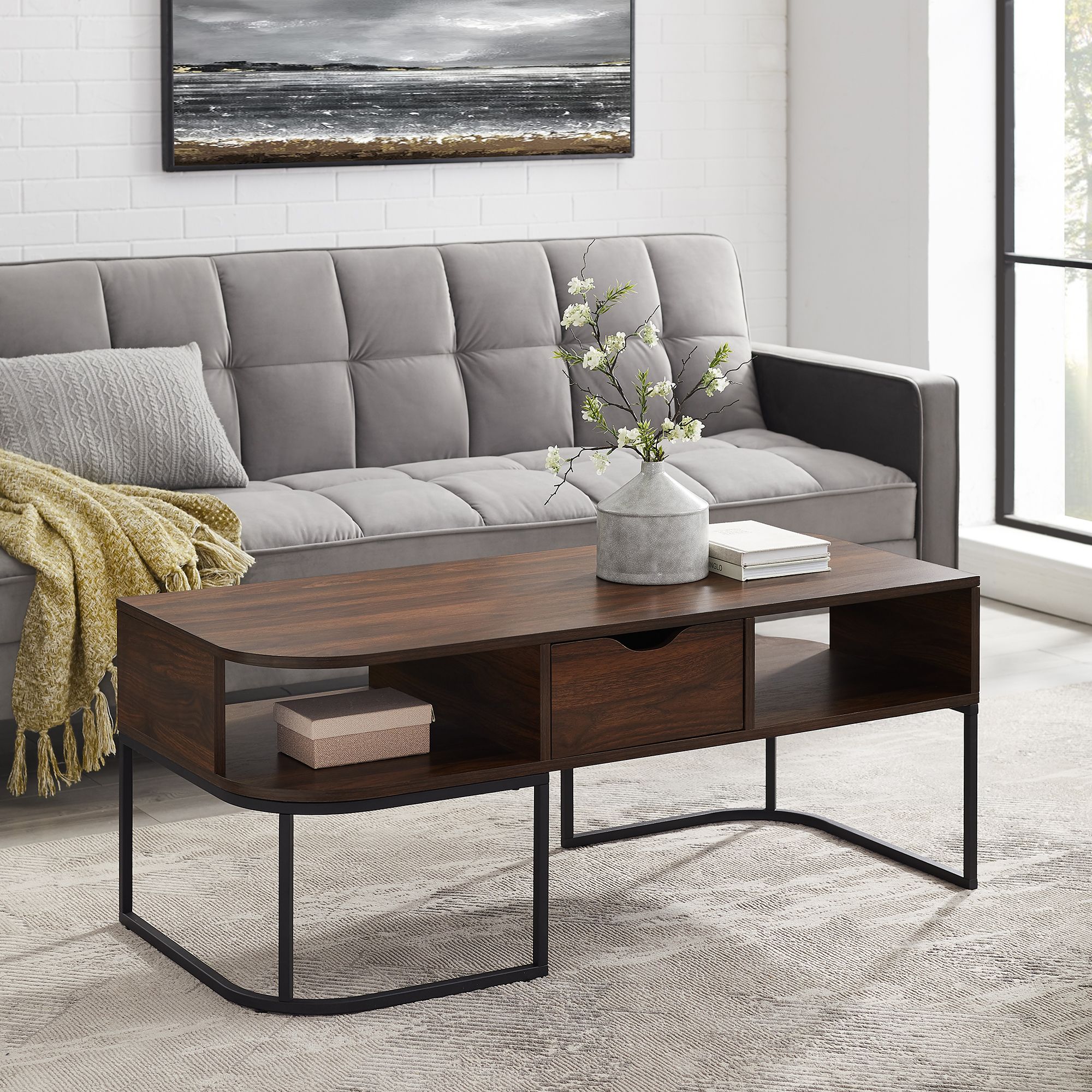 W. Trends 44&quot; Modern Curved Edge Single Drawer Coffee Table - Dark Walnut