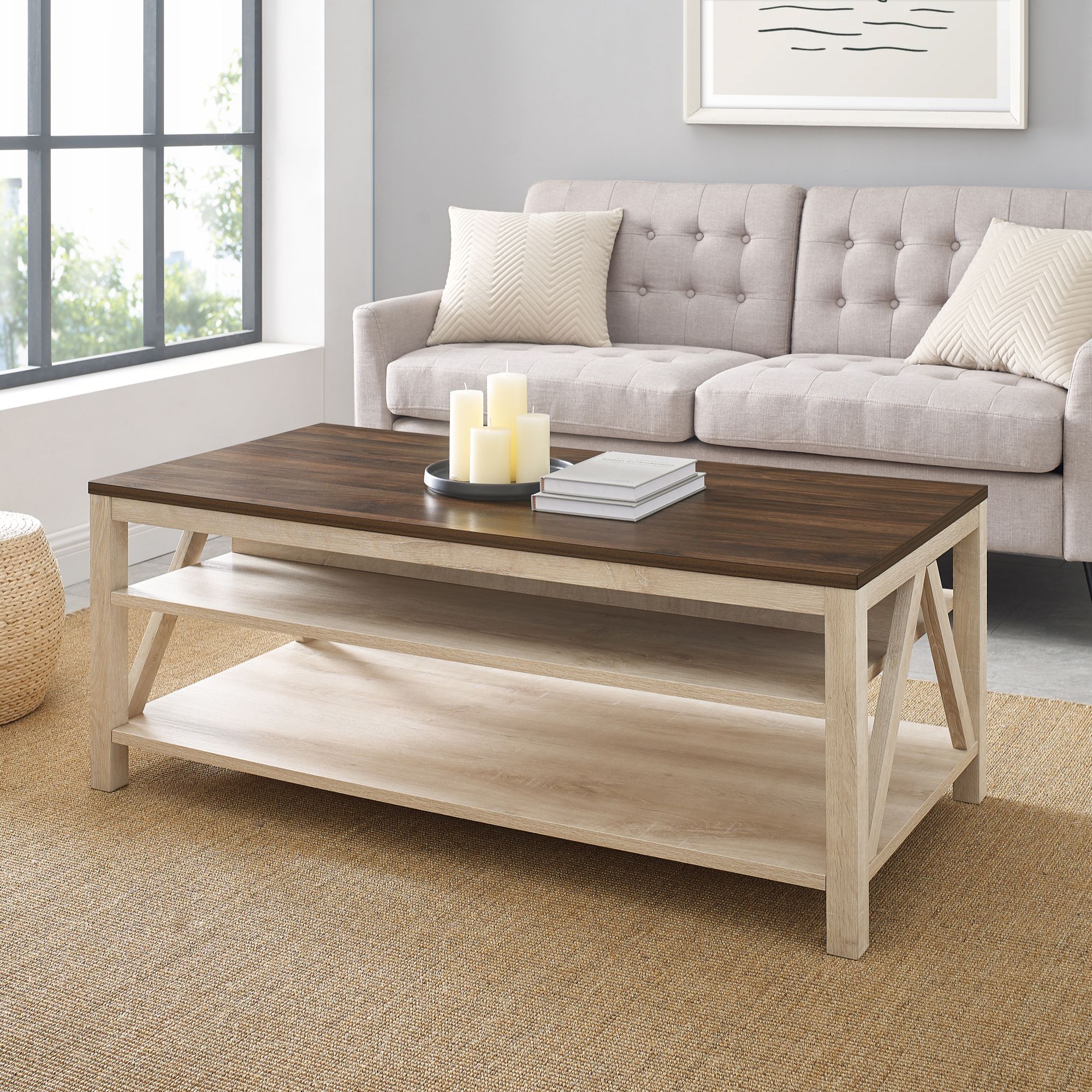 W. Trends 48&quot; Modern Farmhouse Open Storage A-Frame Coffee Table - Dark Walnut/White Oak