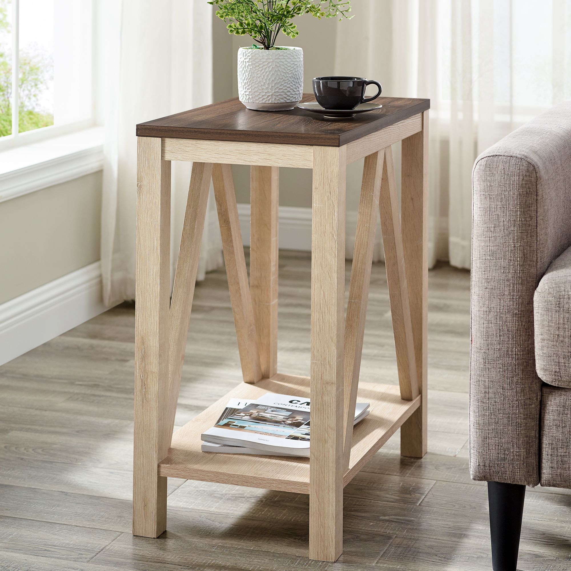 W. Trends 48&quot; Modern Farmhouse Open Storage A-Frame Side Table - Dark Walnut/White Oak