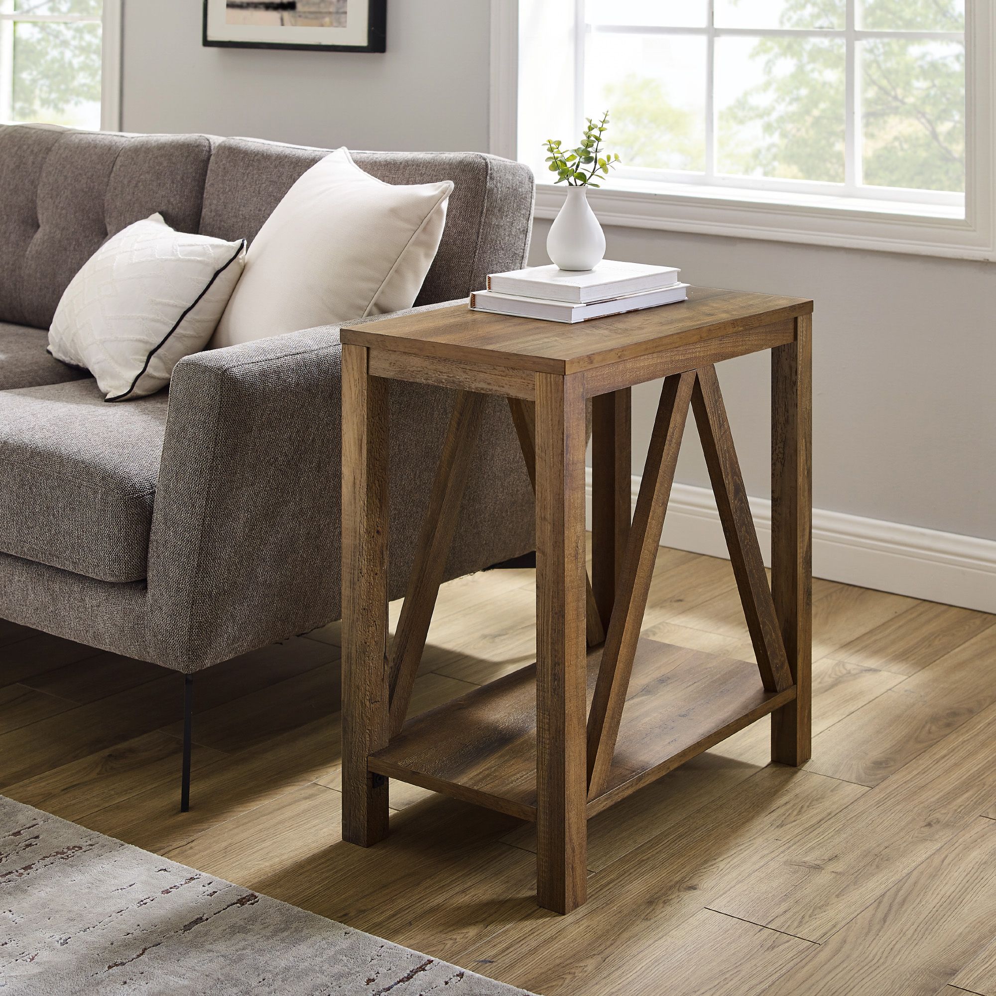 W. Trends 48&quot; Modern Farmhouse Open Storage A-Frame Side Table - Reclaimed Barnwood