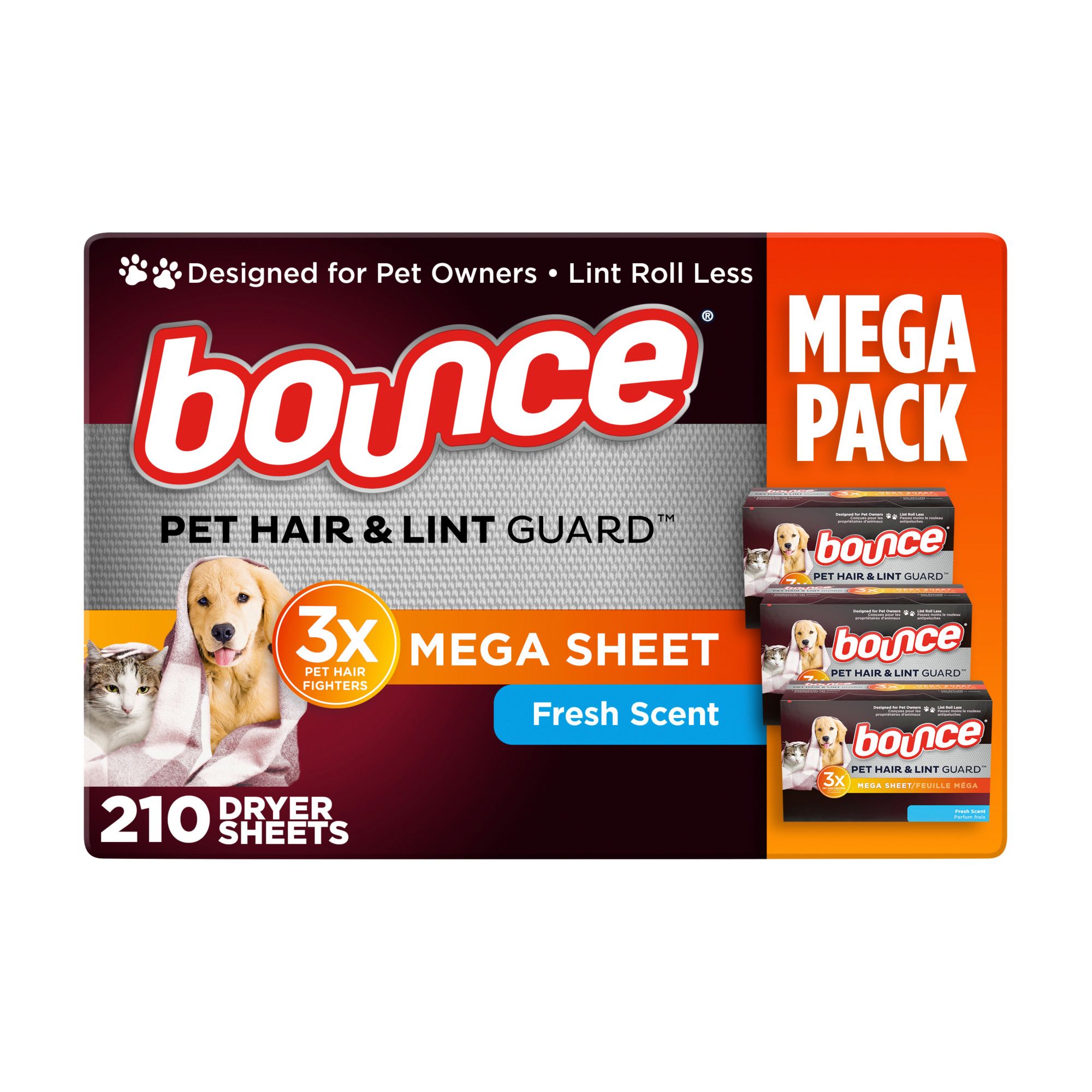 Bounce Pet Hair & Lint Guard Mega Dryer Sheets, Fresh Scent, 210 ct.