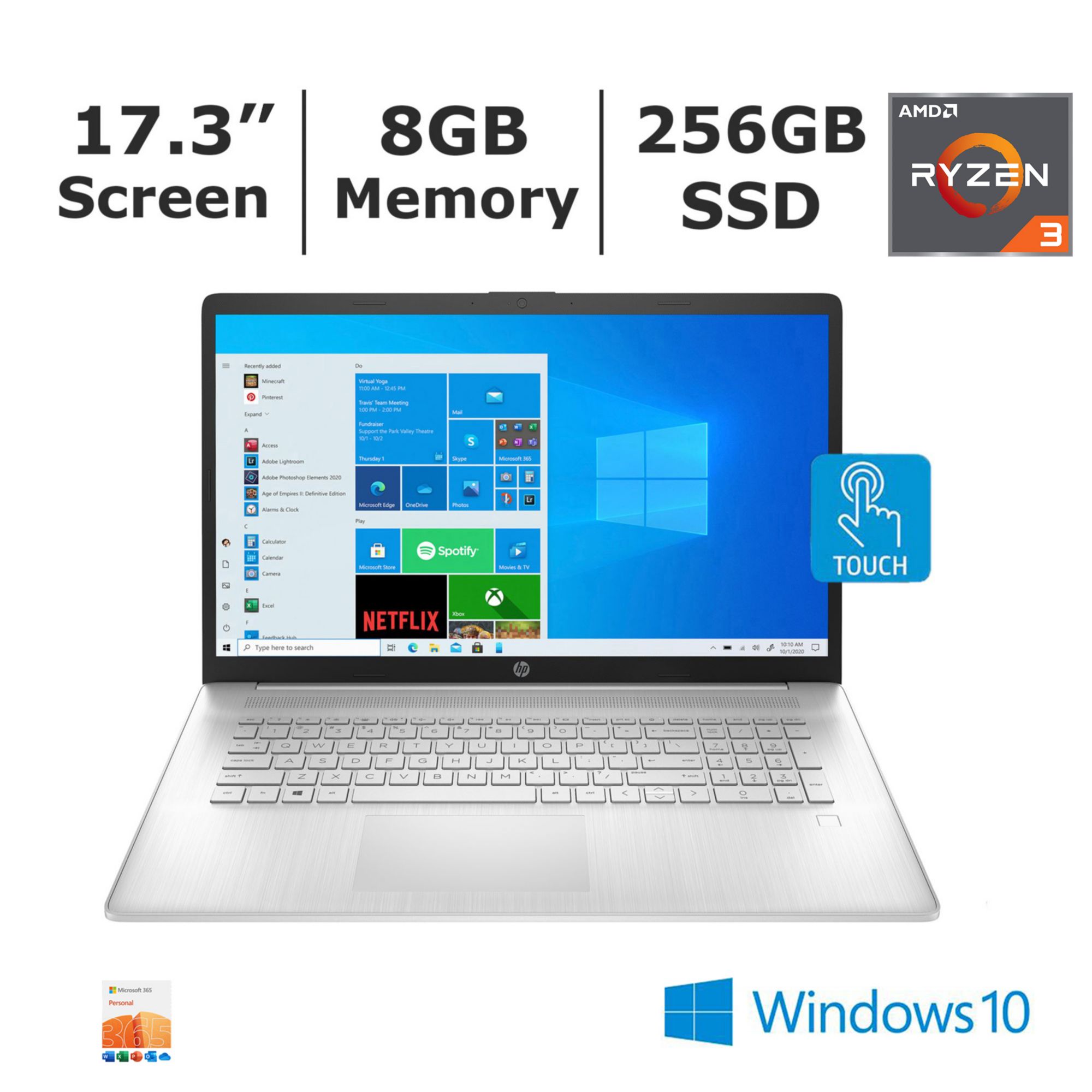 HP Inc. 17-CP0056 Laptop, AMD Ryzen 3 3250U Processor, 8GB Memory, 256GB SSD - BONUS 1-Year of Office365 Personal