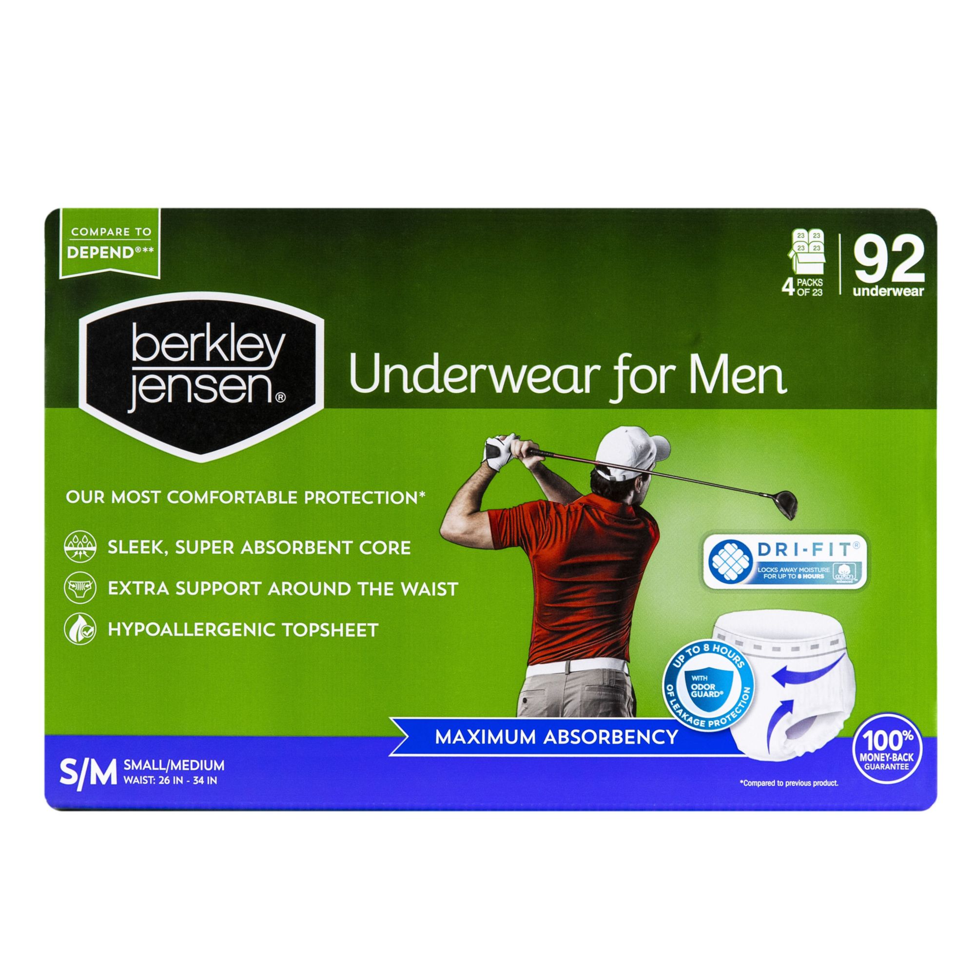 Berkley Jensen Incontinence Underwear for Men, Size Small/Medium, 92 ct.