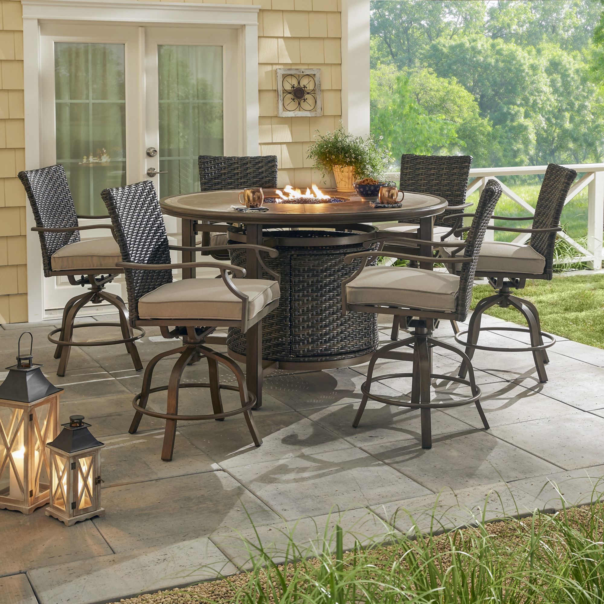 Bar height patio table set with fire discount pit