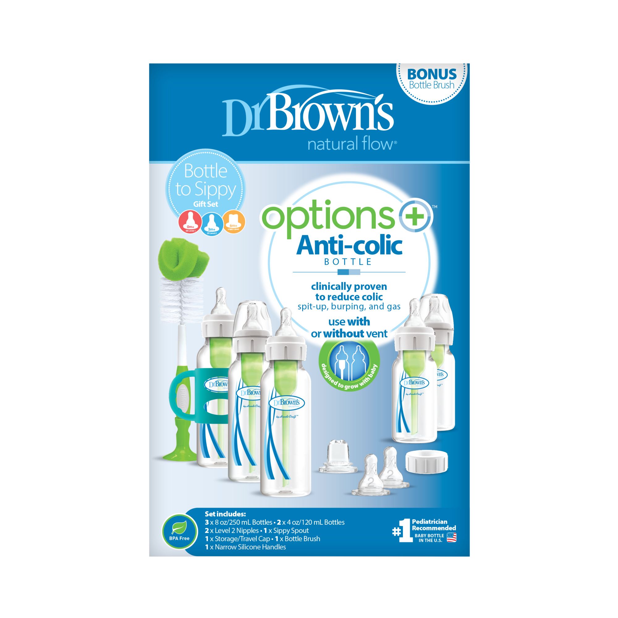  Dr. Brown's Anti-Colic Options+ Newborn Essentials Gift Set  with 4oz and 8oz Baby Bottles, Baby Bottle Brush and HappyPaci : Baby