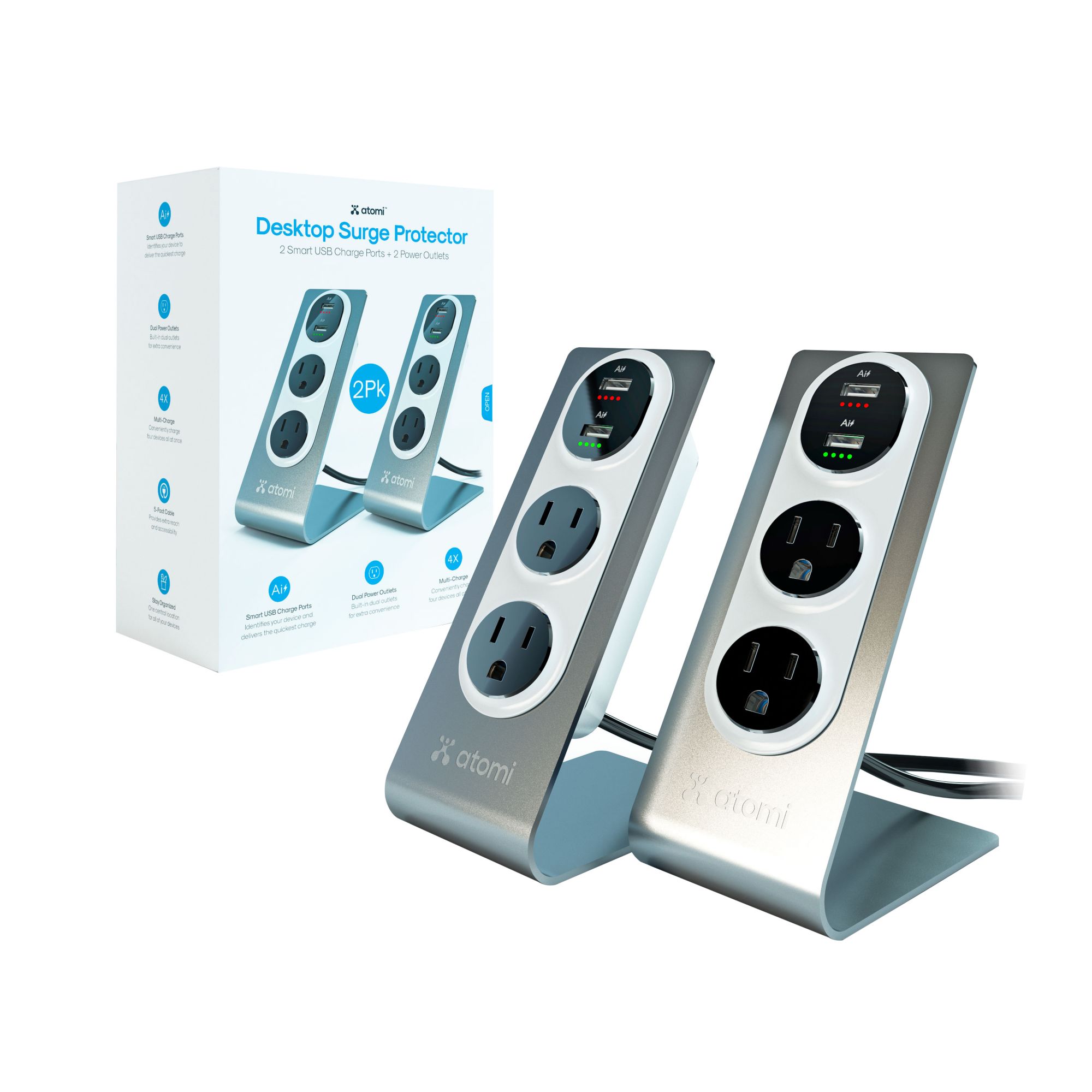 Atomi Desktop Surge Protectors, 2 pk.