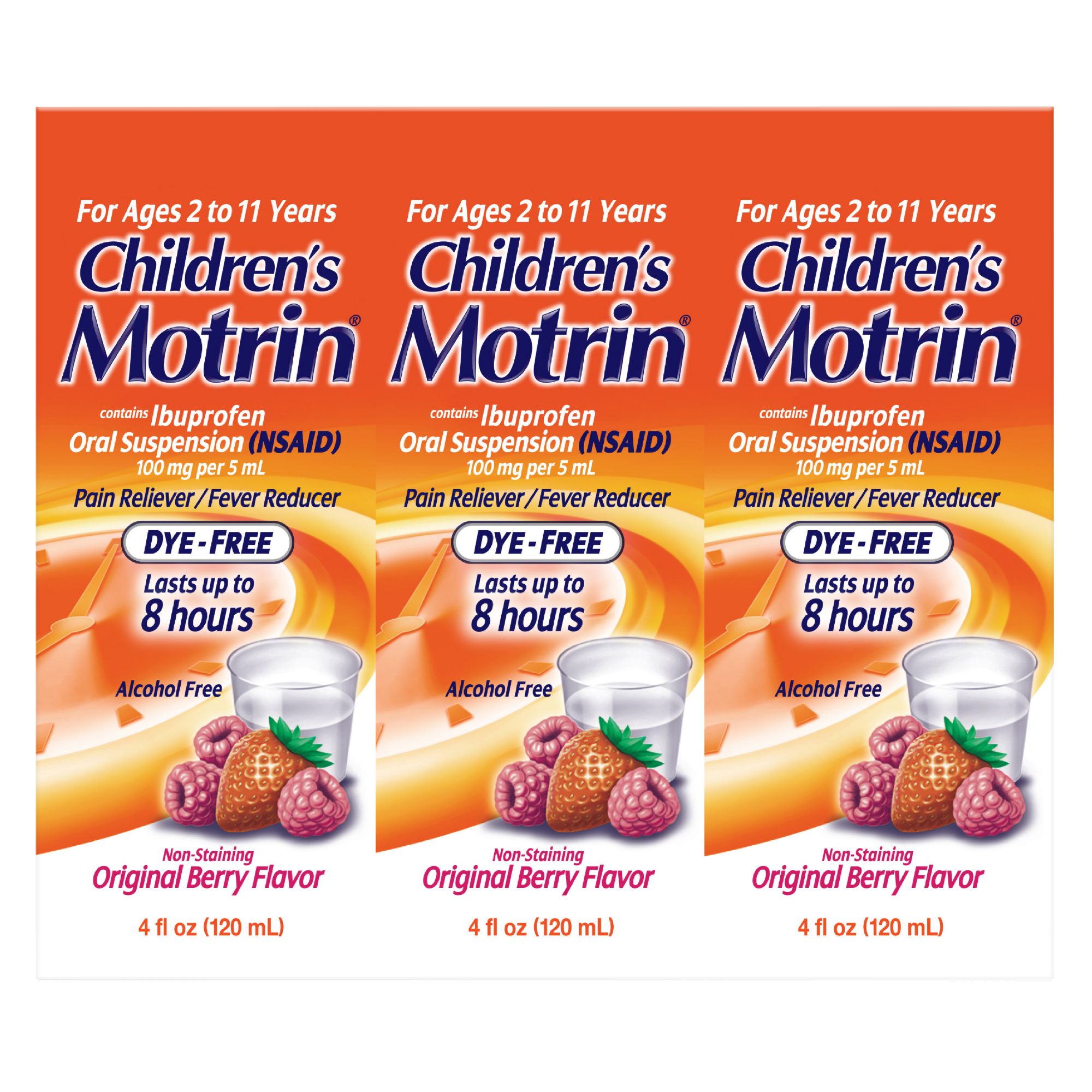 Children's Motrin Ibuprofen Kids Medicine, Berry Flavor, 3 x 4 fl. oz.