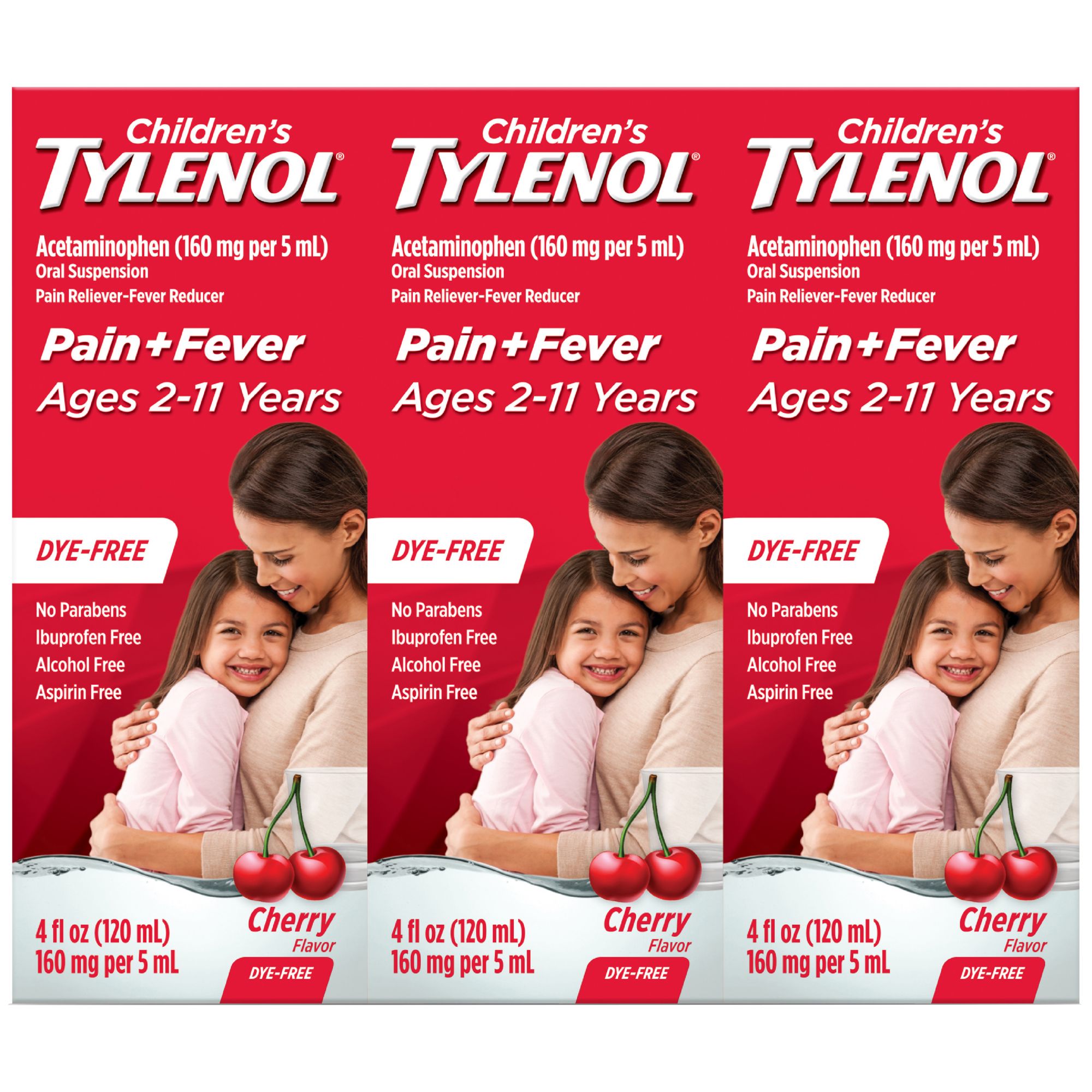 Children's Tylenol Pain + Fever Dye-Free Medicine Cherry Flavor, 3 x 4 fl. oz.