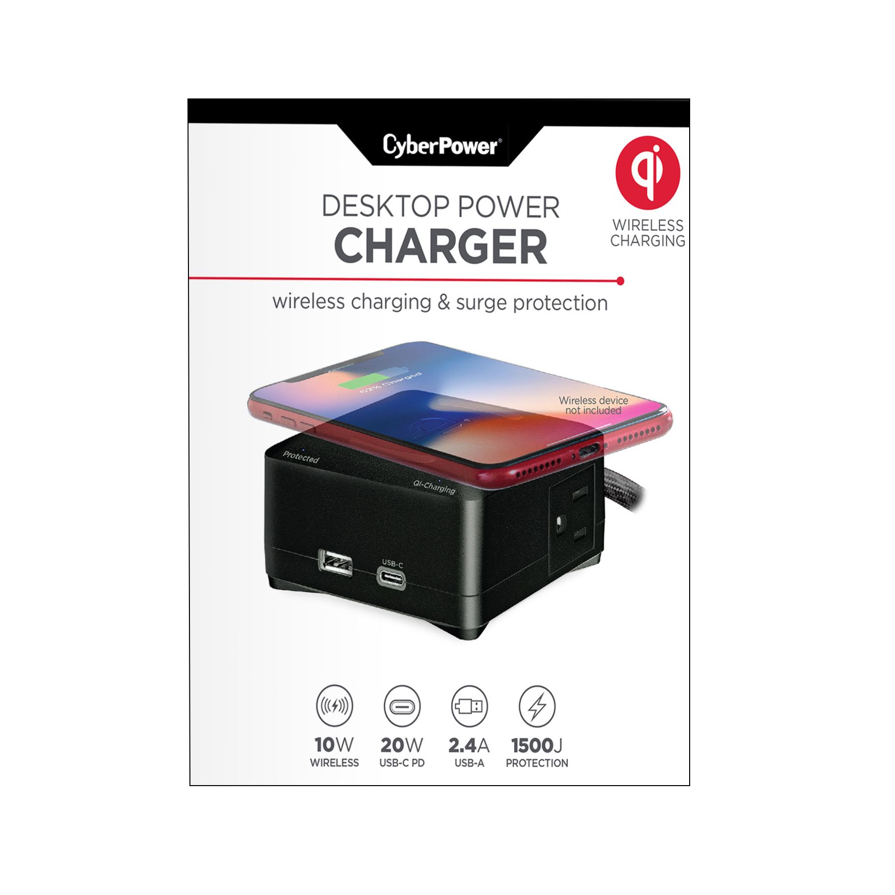 CyberPower P205UCPDQB Desktop Charger with USB, Qi Wireless, and Surge Protection
