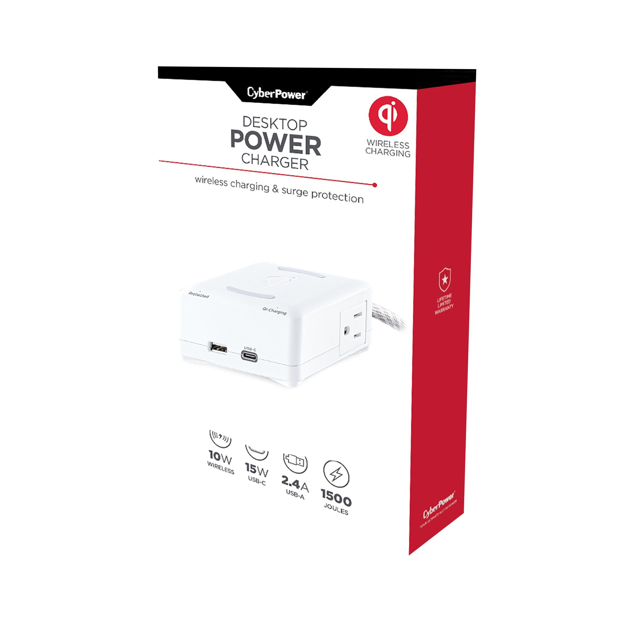 CyberPower P205UCPDQW Desktop Charger with USB, Qi Wireless, and Surge Protection