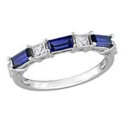 1.375 ct. t.g.w. Created Blue and White Sapphire Baguette Anniversary Ring in Sterling Silver - Size 5