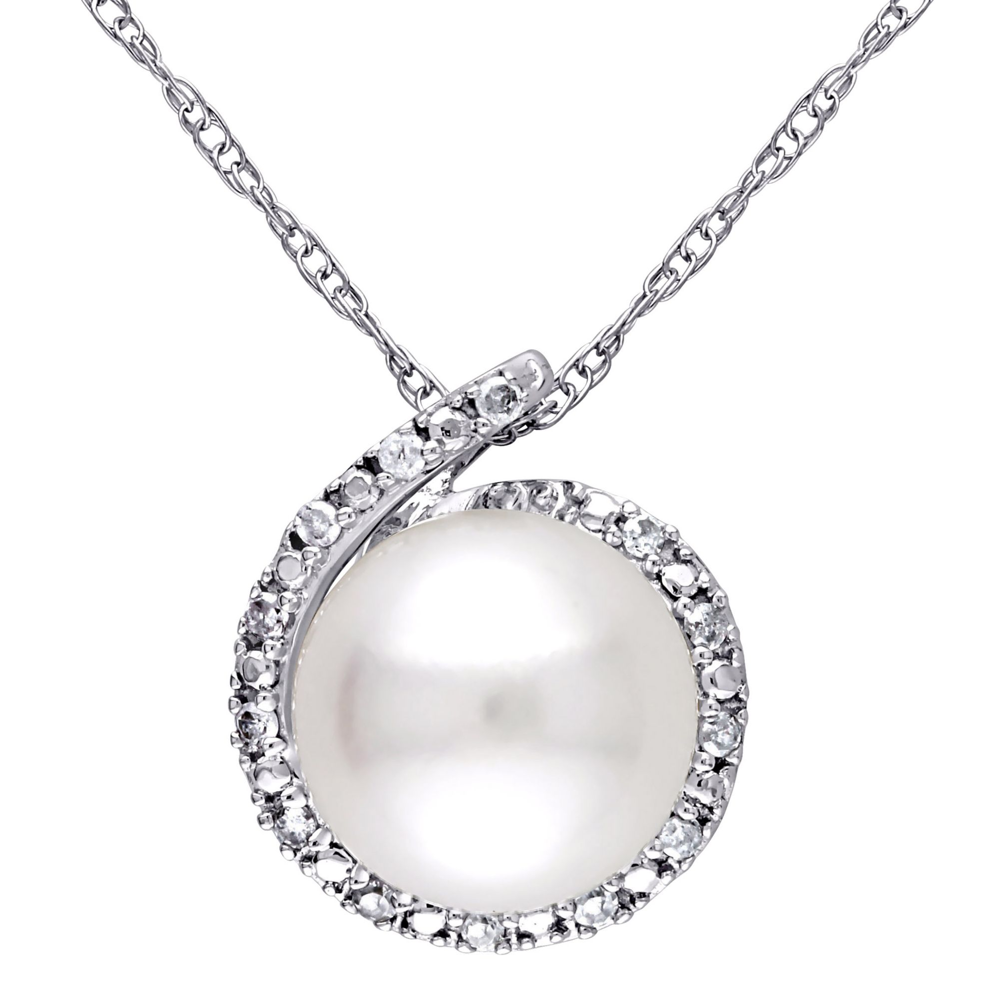 8-8.5 mm Cultured Freshwater Pearl and Diamond Halo Necklace in 10k White Gold